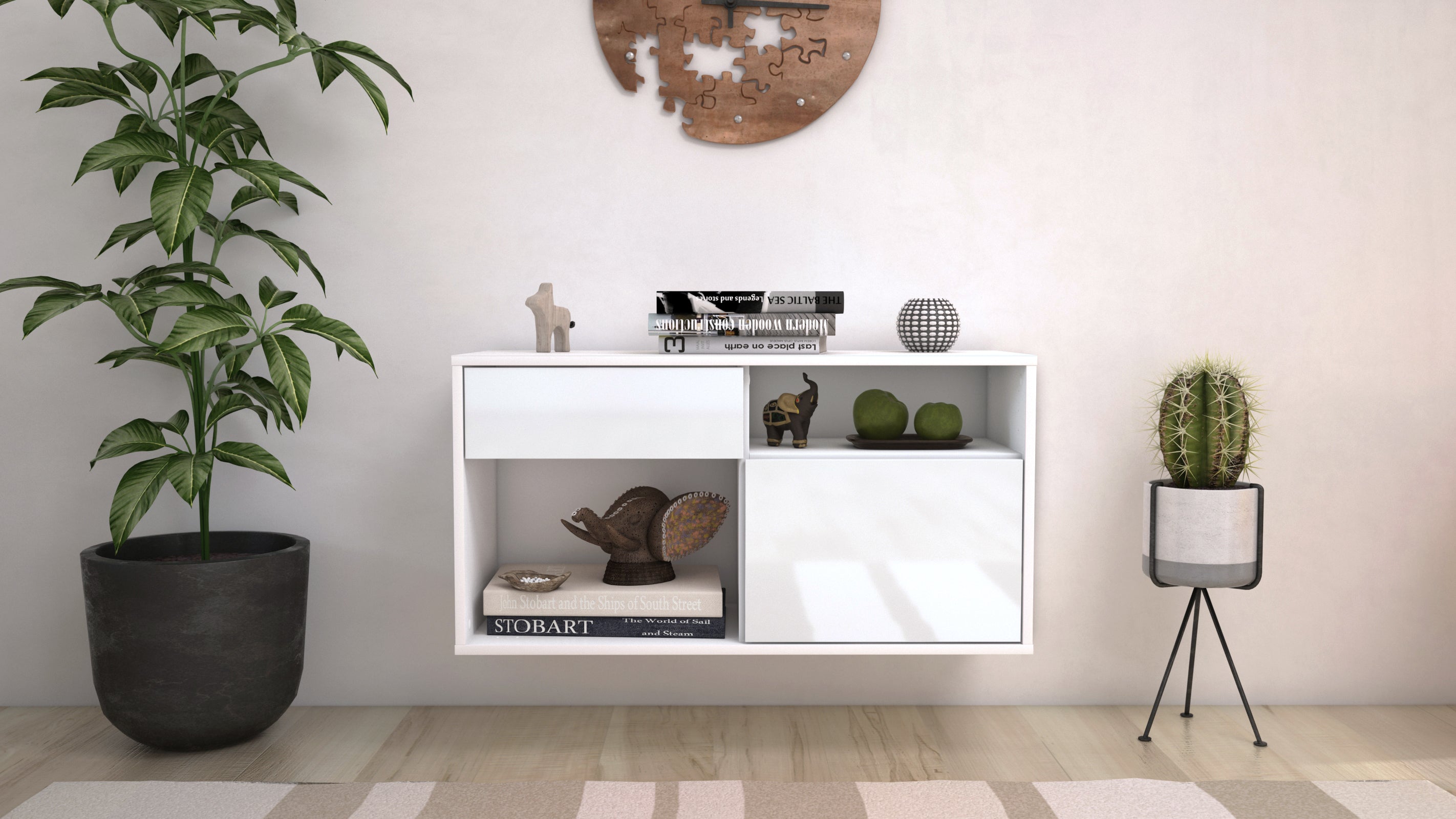 Lowboard - Albina - Design Hochglanz - Wandmontage mit Push to Open 92 cm Weiss