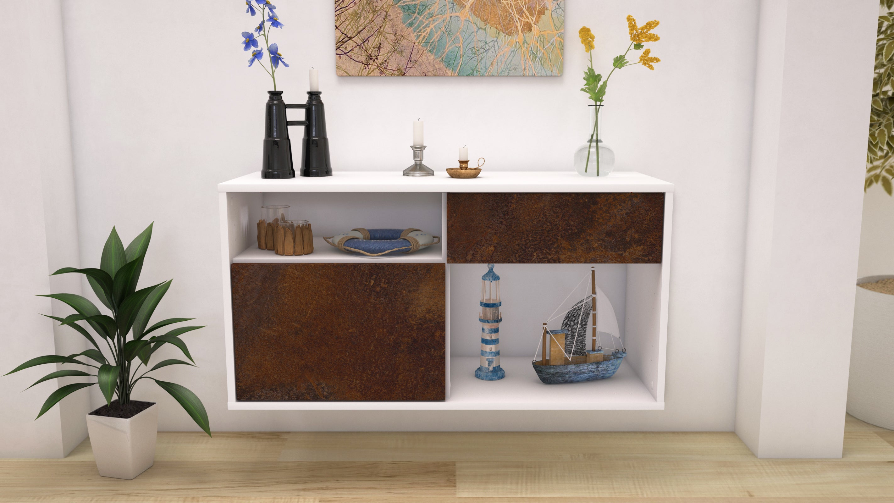 Lowboard - Alecia - Design Industrie Stil - Wandmontage mit Push to Open 92 cm Weiss