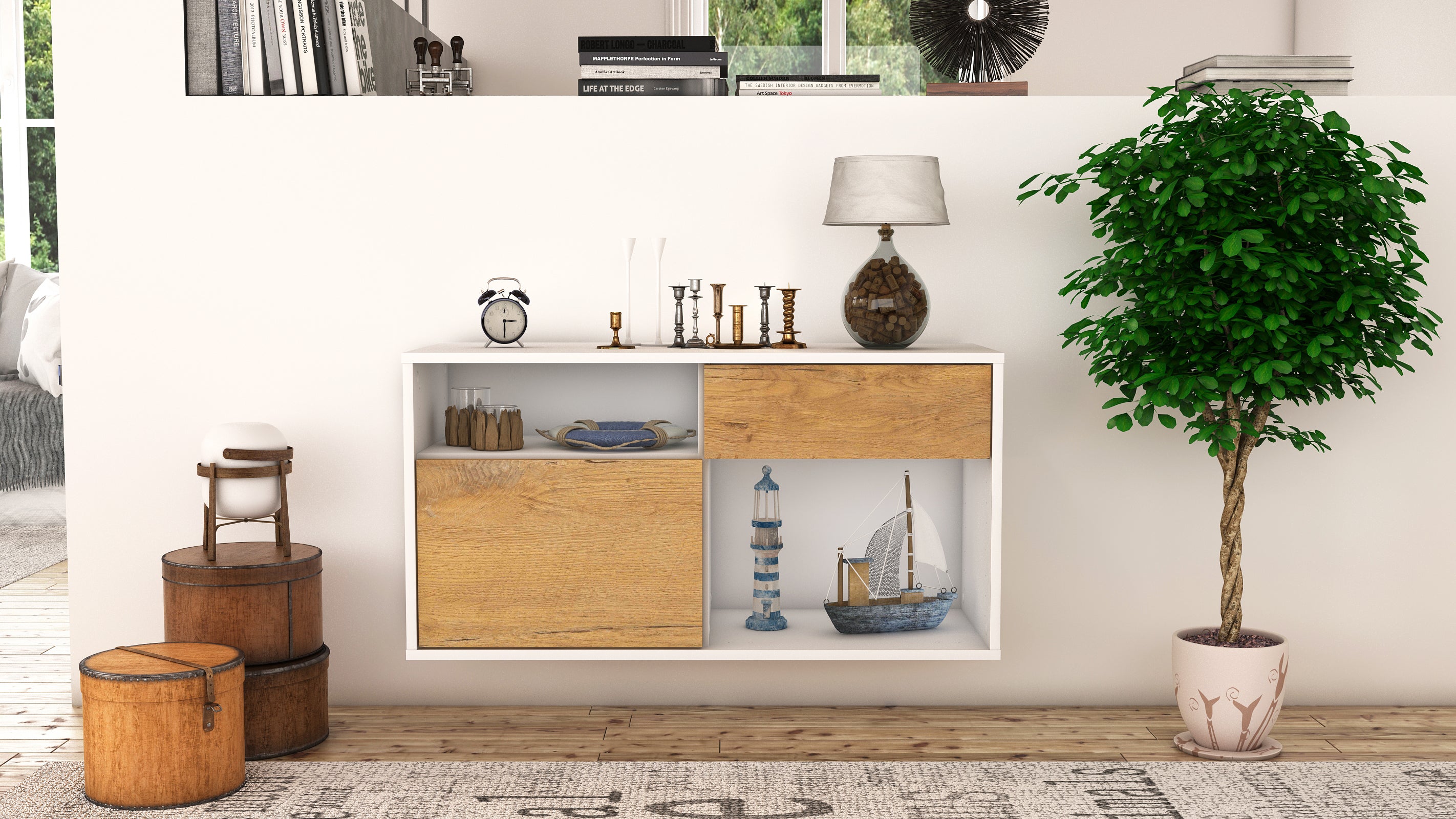 Lowboard - Alecia - Design Holzdekor - Wandmontage mit Push to Open 92 cm Weiss