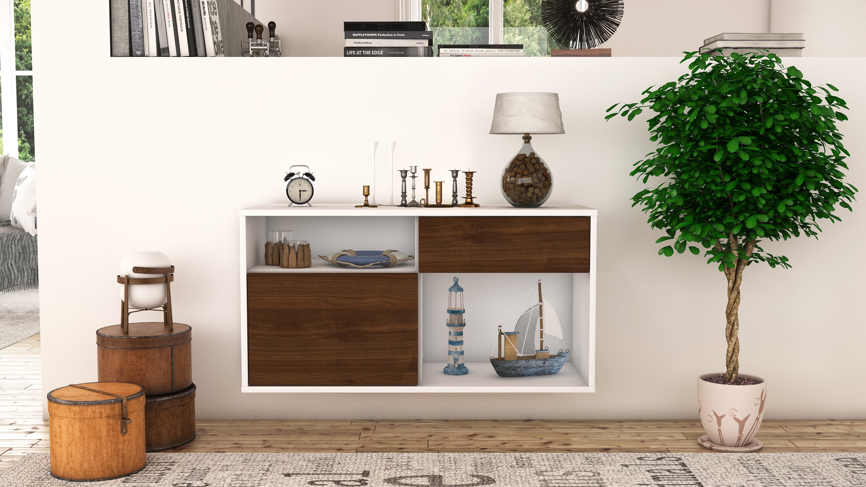 Lowboard - Alecia - Design Holzdekor - Wandmontage mit Push to Open 92 cm Weiss
