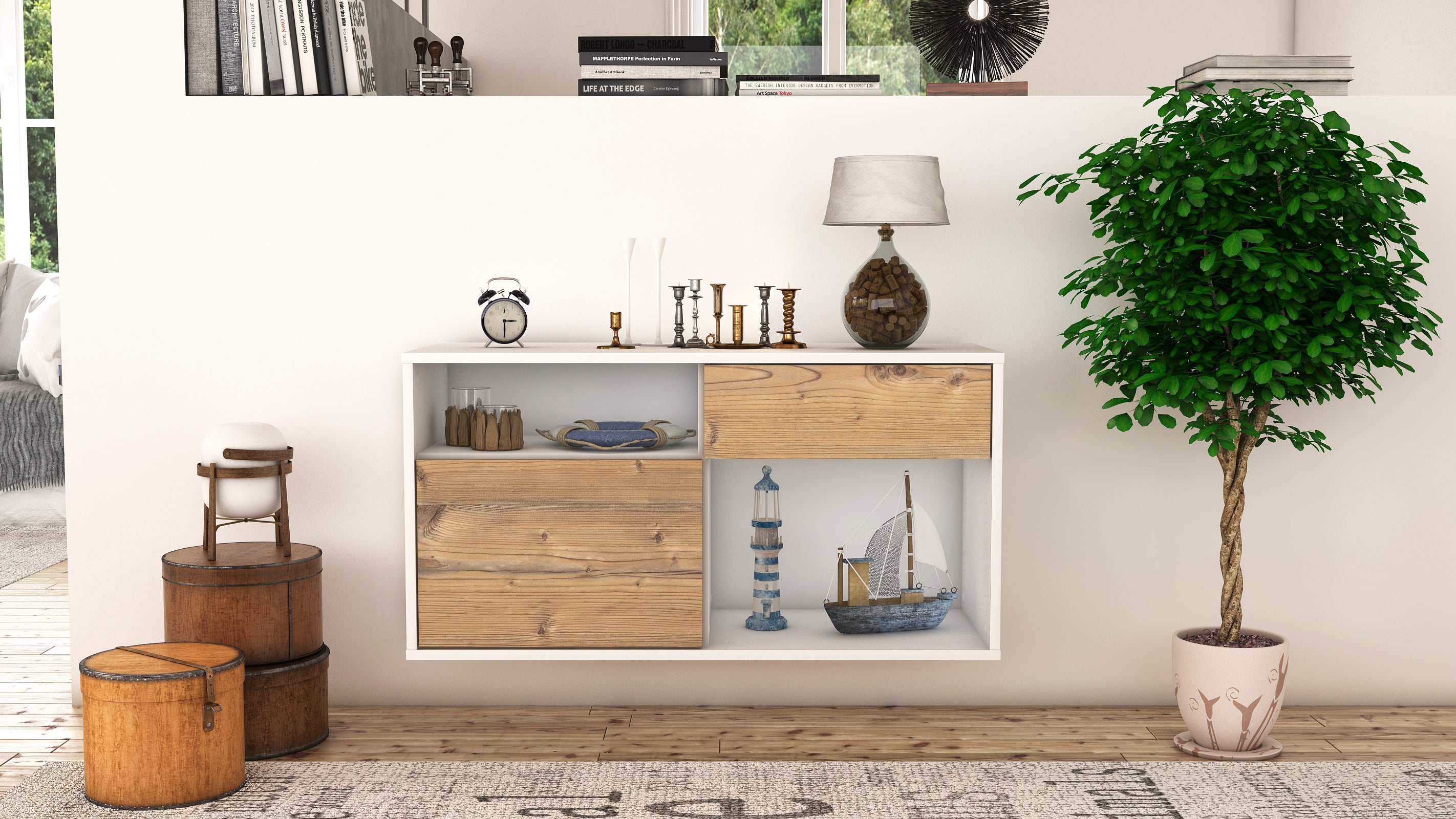 Lowboard - Alecia - Design Holzdekor - Wandmontage mit Push to Open 92 cm Weiss