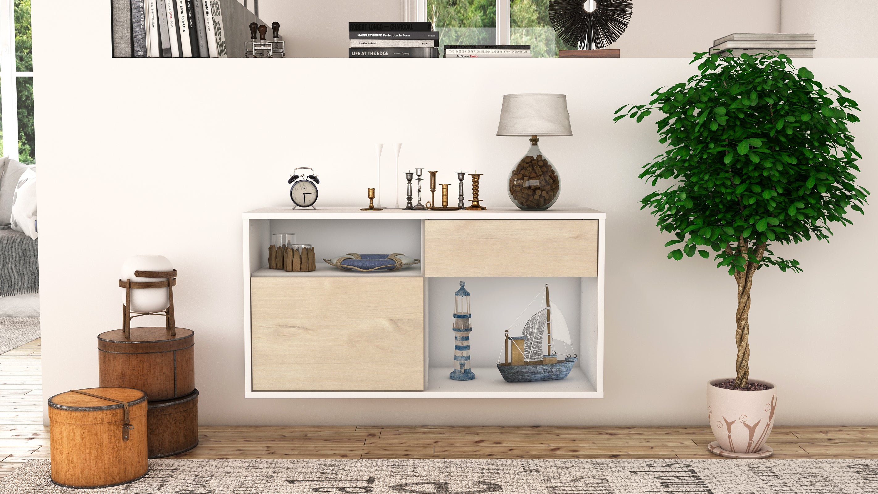 Lowboard - Alecia - Design Holzdekor - Wandmontage mit Push to Open 92 cm Weiss