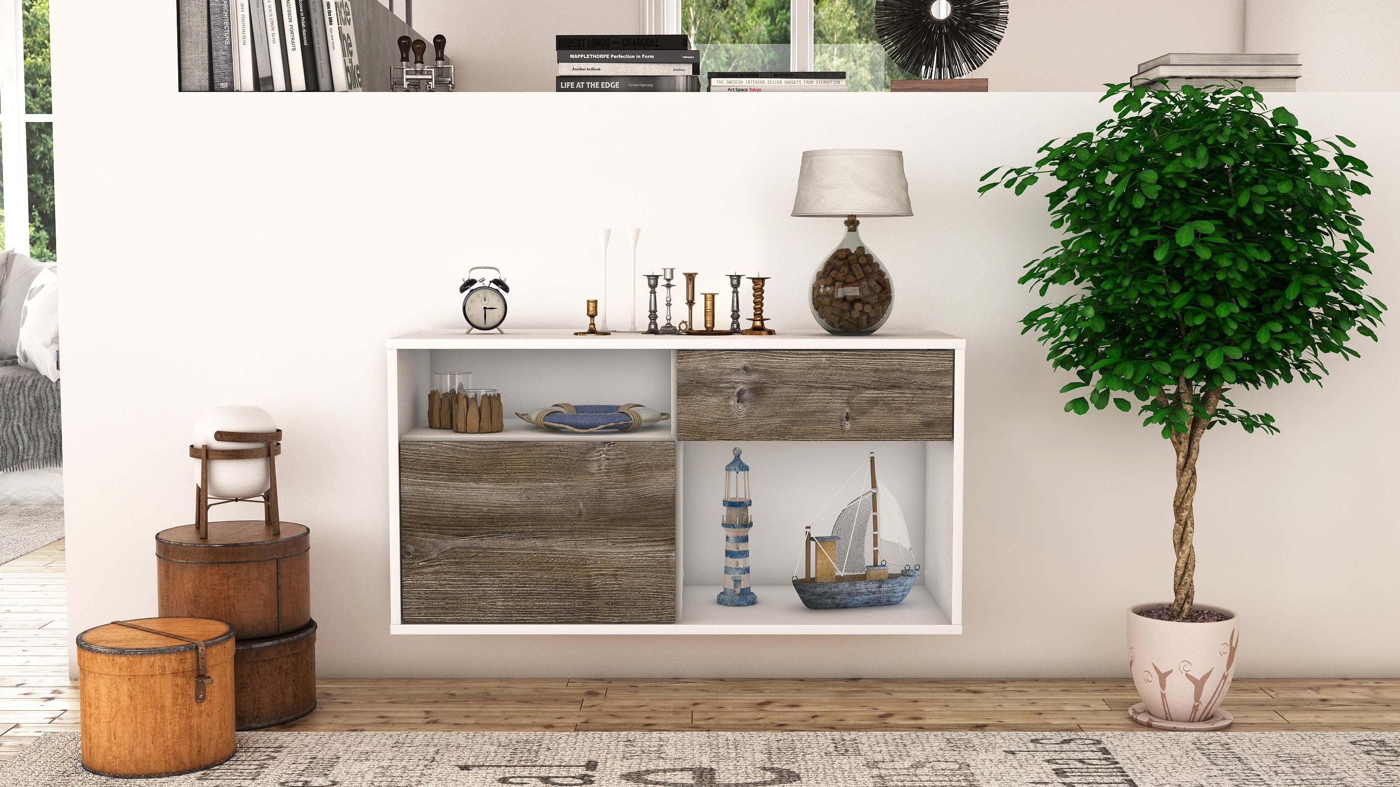 Lowboard - Alecia - Design Holzdekor - Wandmontage mit Push to Open 92 cm Weiss