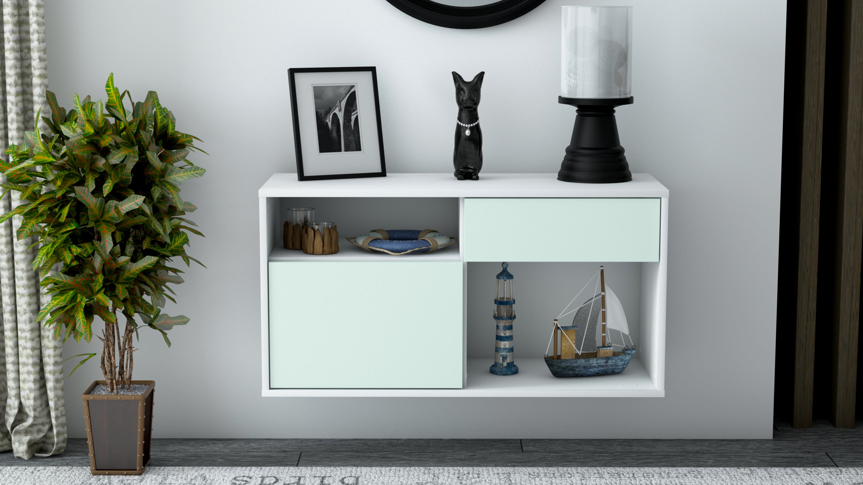 Lowboard - Alecia - Design Farbakzent - Wandmontage mit Push to Open 92 cm Weiss