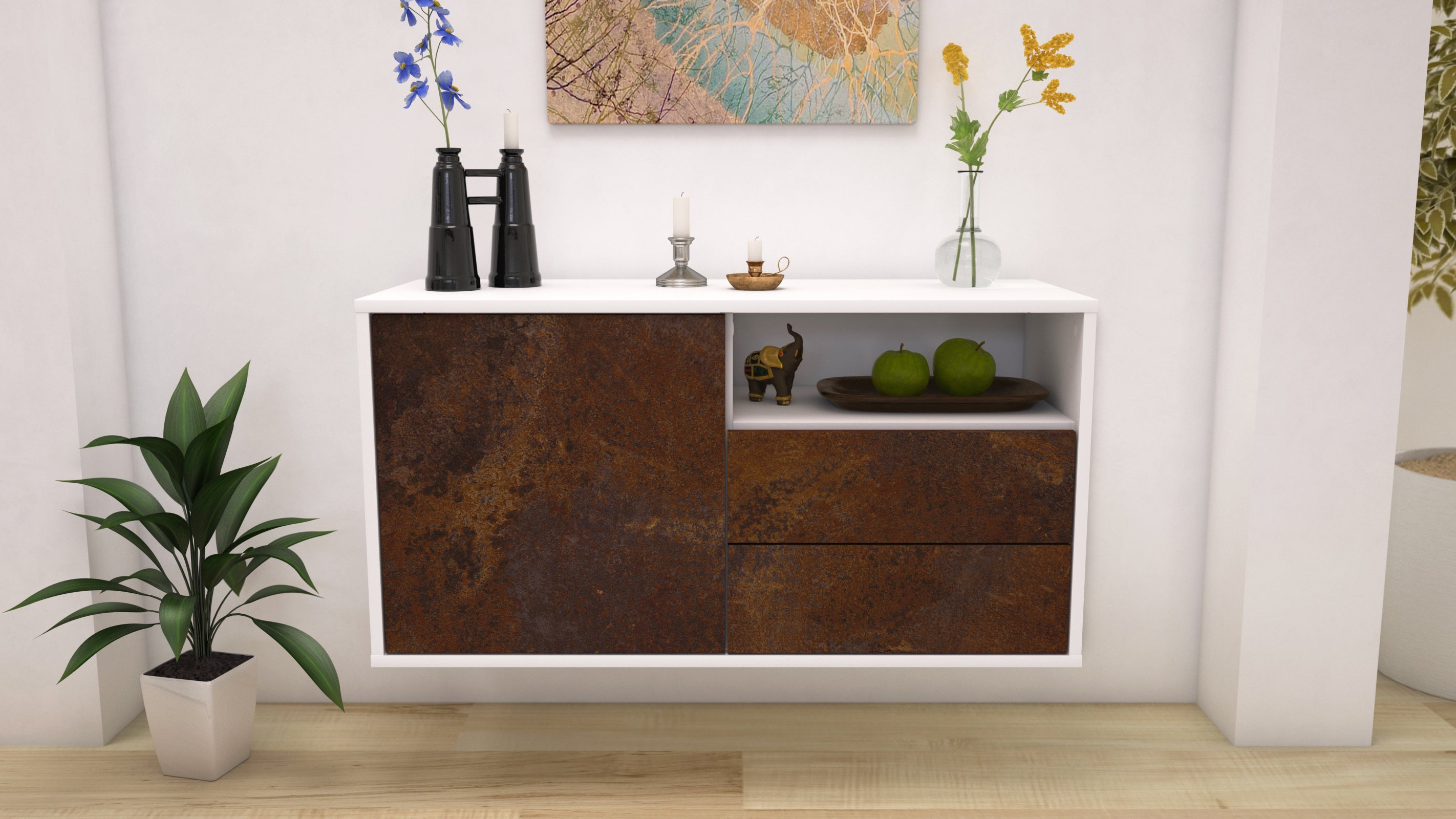 Lowboard - Alessia - Design Industrie Stil - Wandmontage mit Push to Open 92 cm Weiss