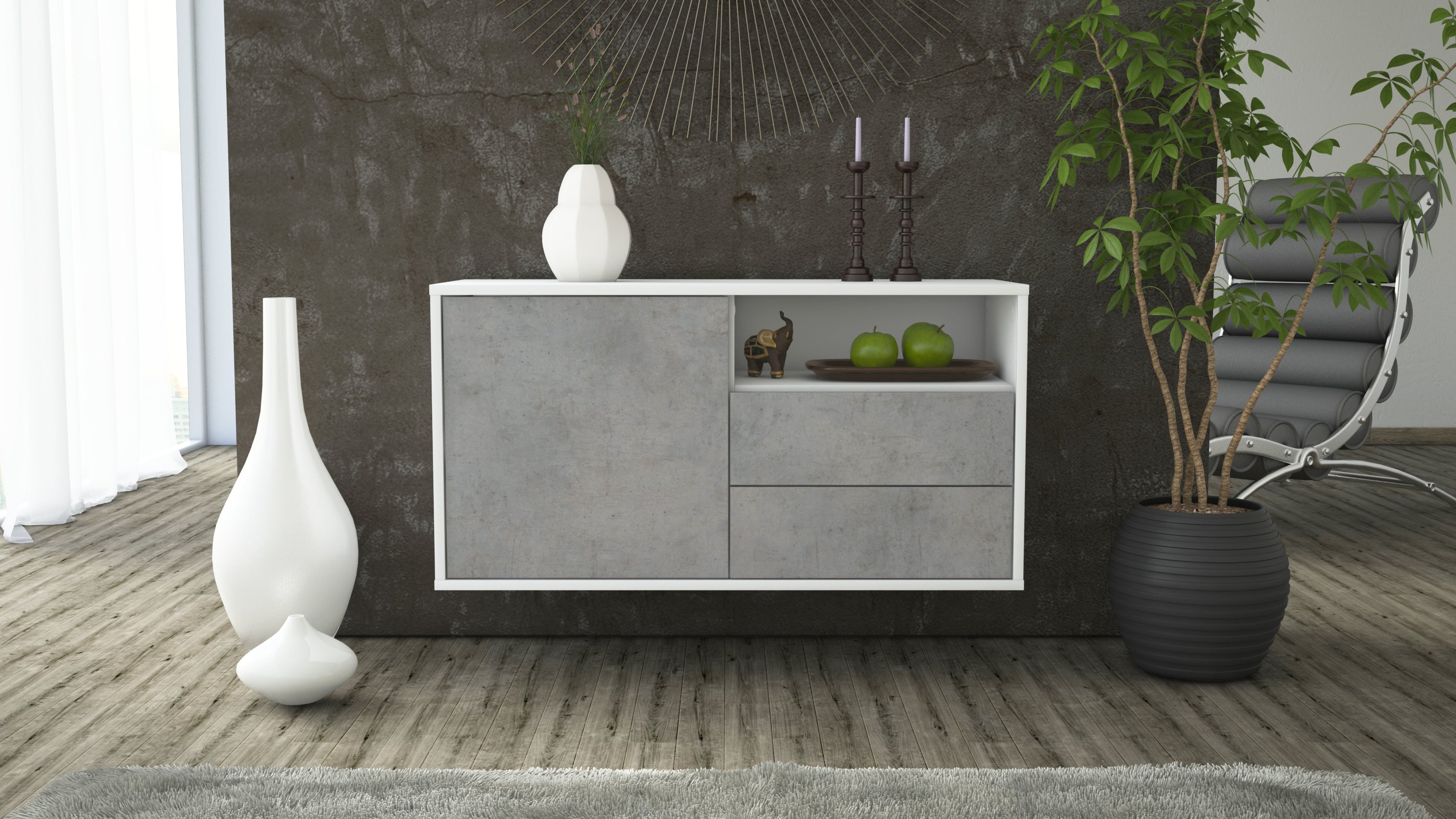 Lowboard - Alessia - Design Industrie Stil - Wandmontage mit Push to Open 92 cm Weiss