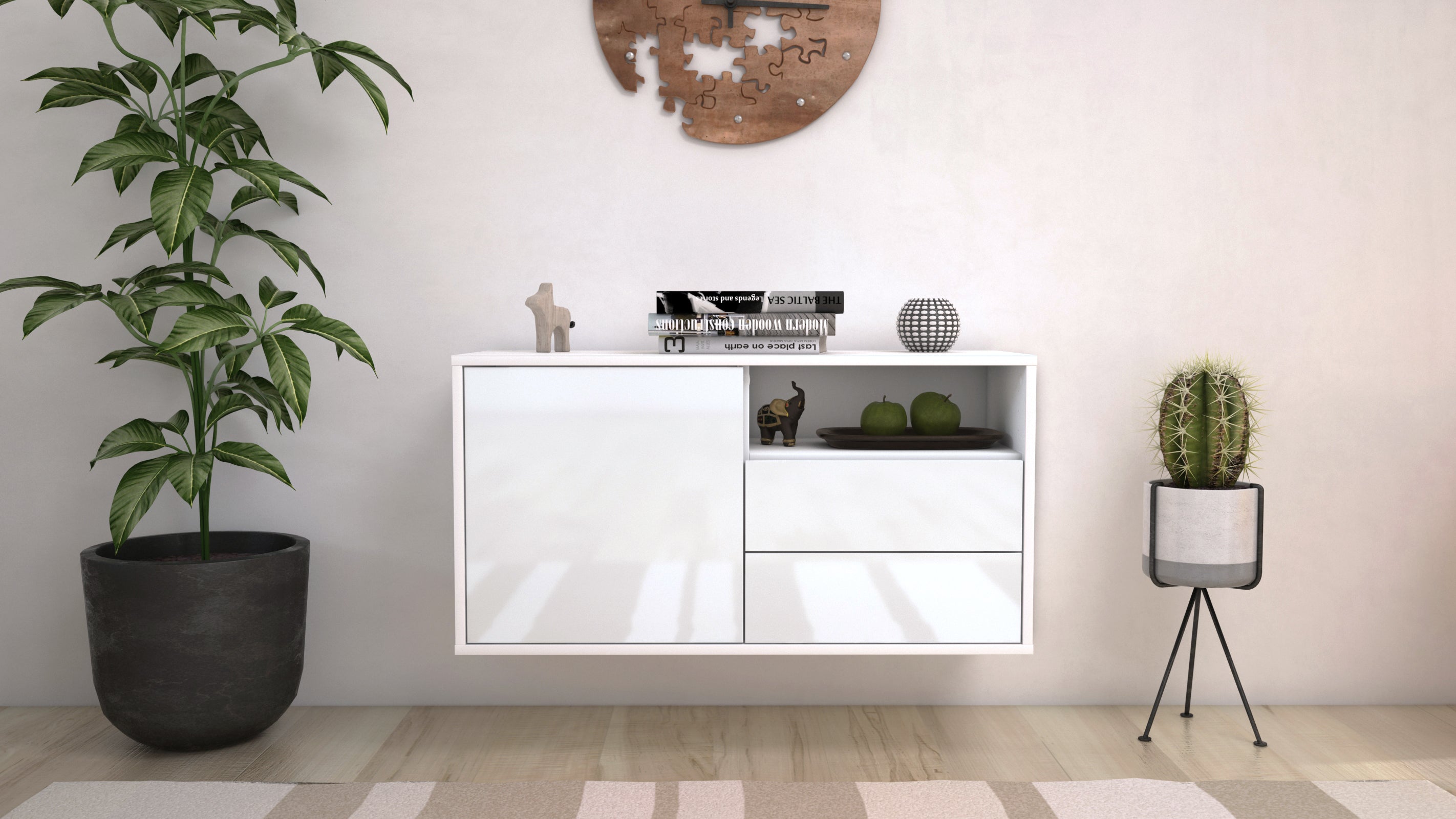 Lowboard - Alessia - Design Hochglanz - Wandmontage mit Push to Open 92 cm Weiss
