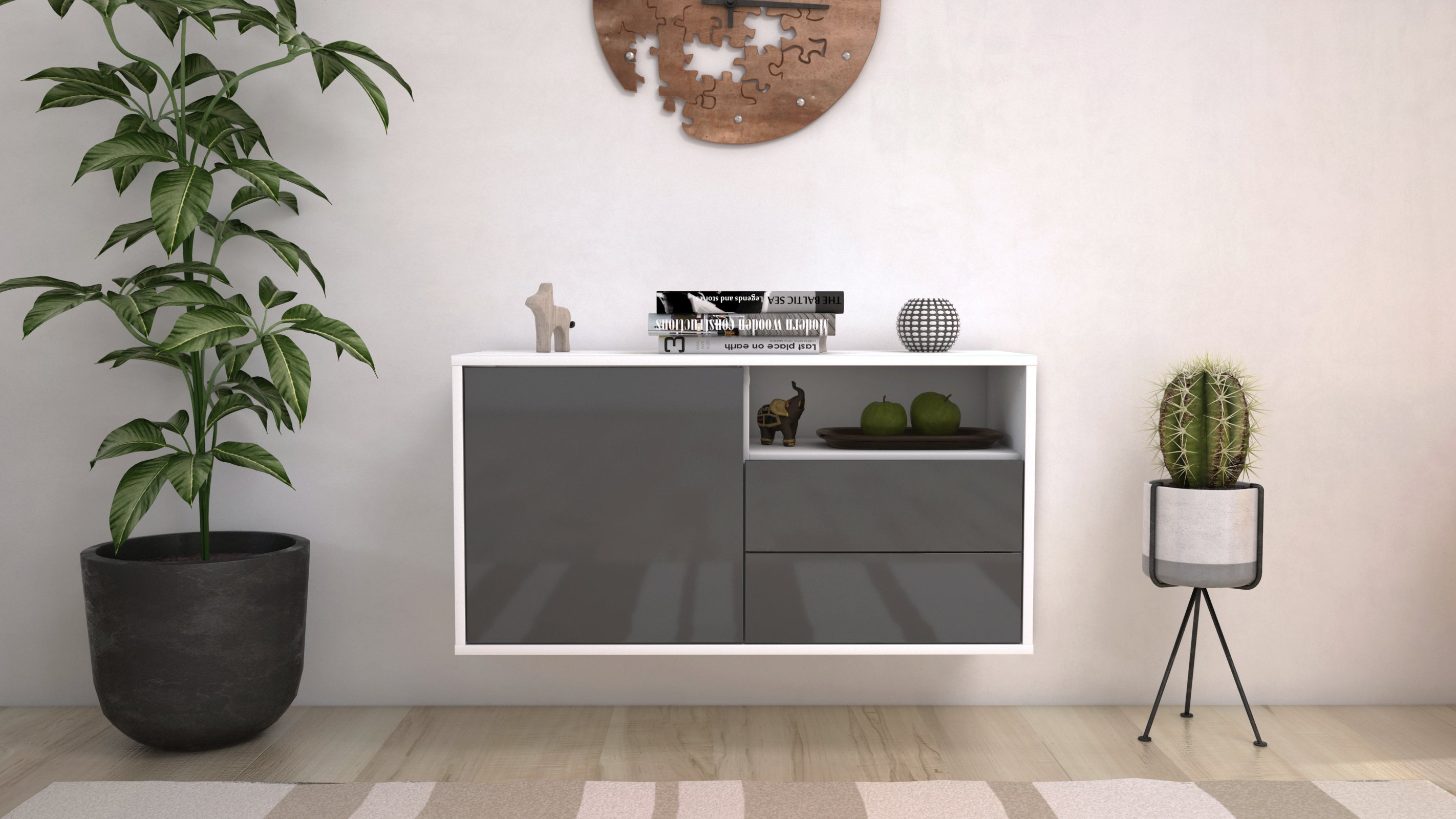 Lowboard - Alessia - Design Hochglanz - Wandmontage mit Push to Open 92 cm Weiss