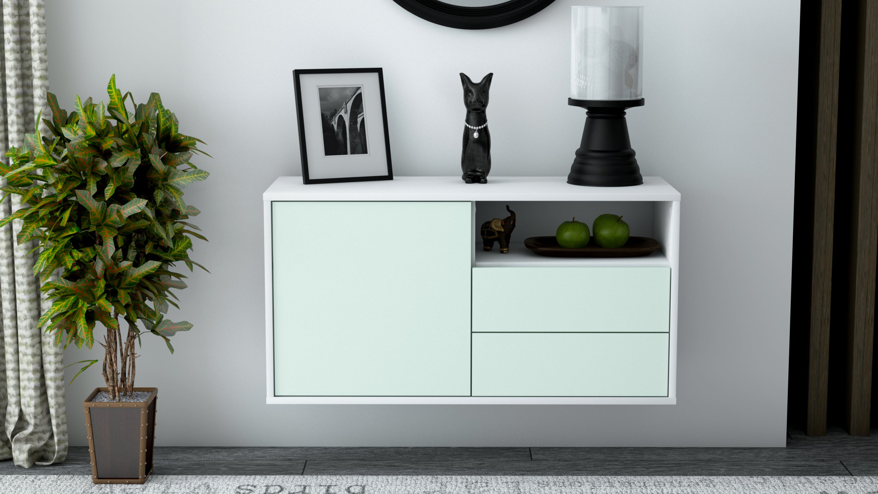 Lowboard - Alessia - Design Farbakzent - Wandmontage mit Push to Open 92 cm Weiss
