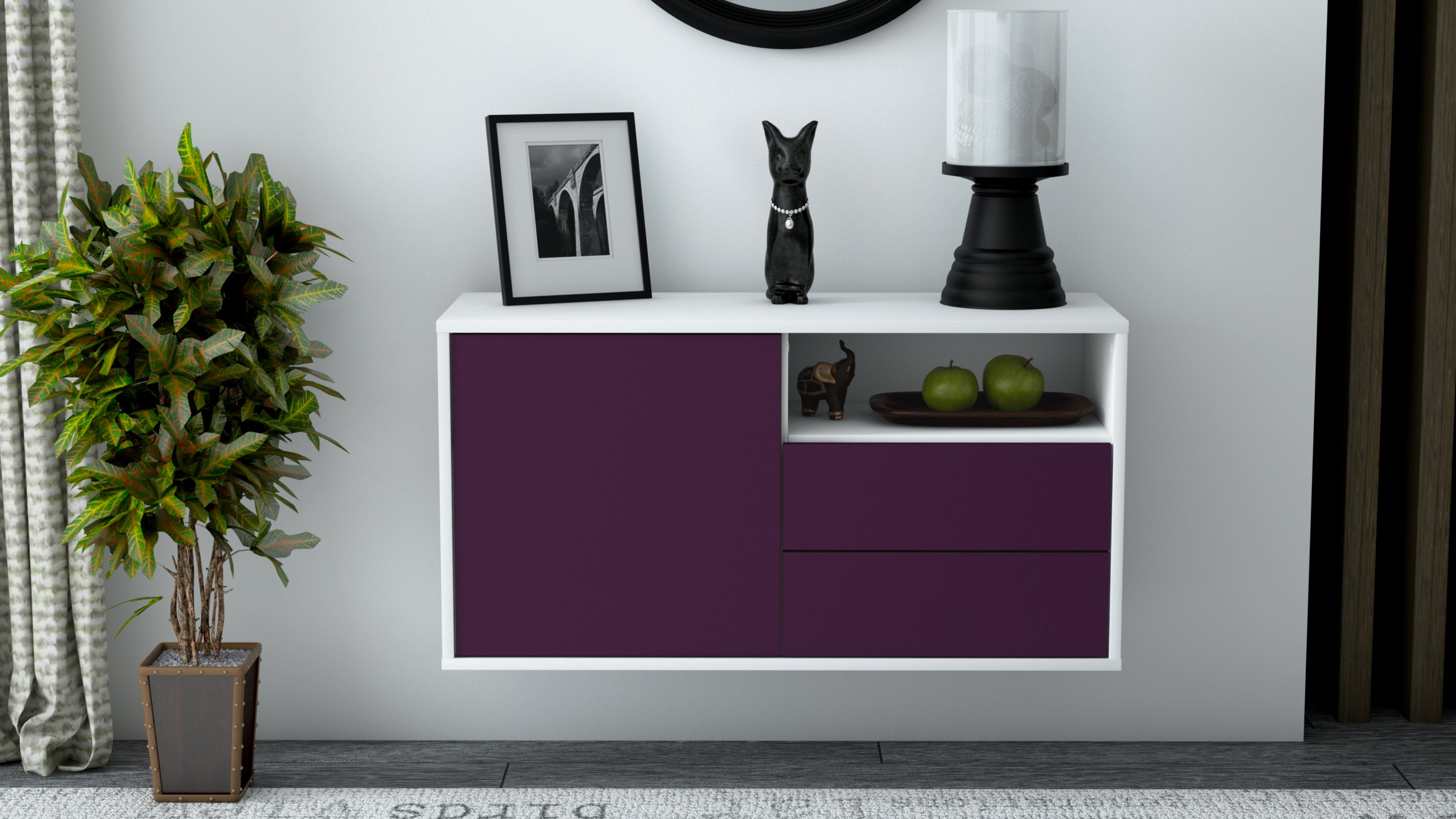 Lowboard - Alessia - Design Farbakzent - Wandmontage mit Push to Open 92 cm Weiss