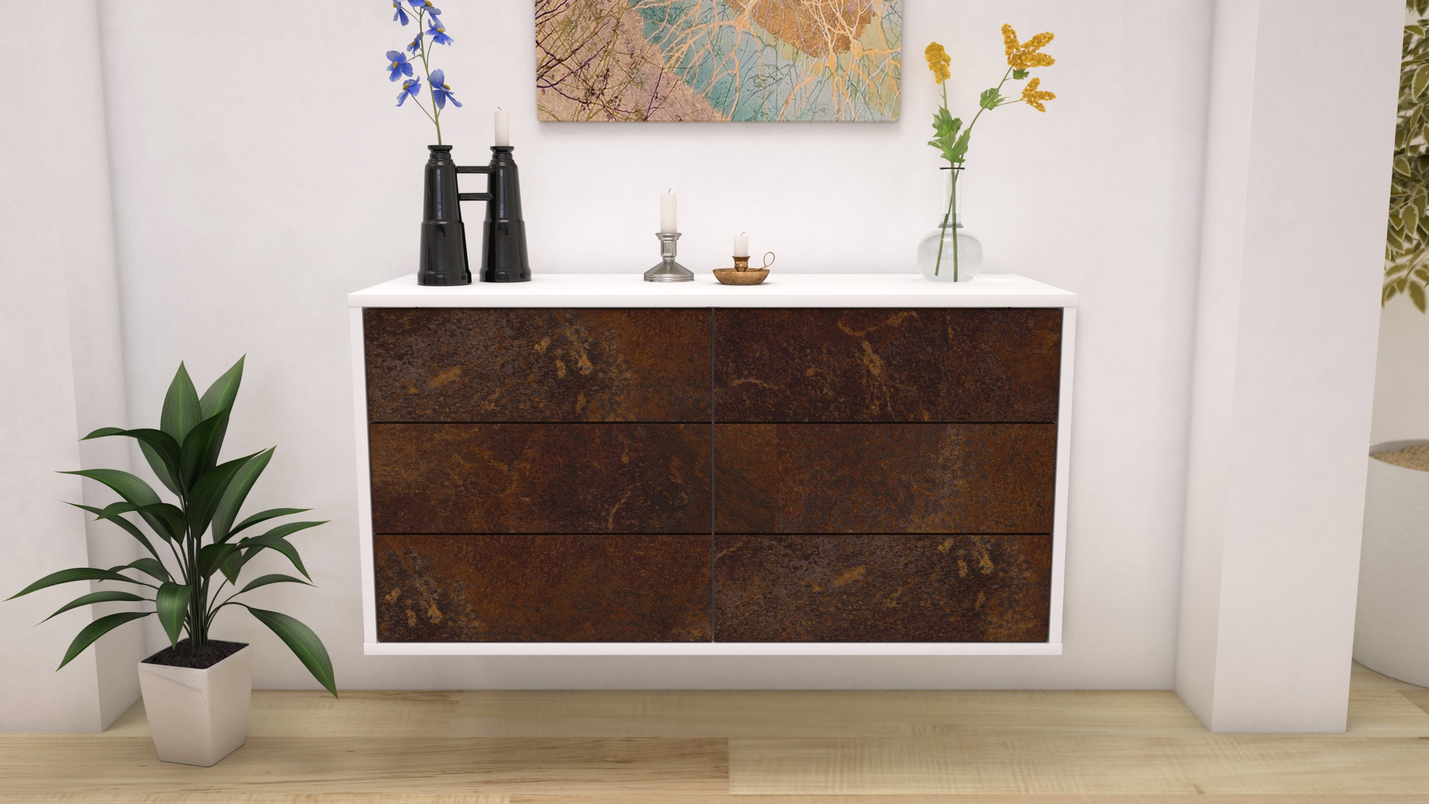 Lowboard - Alfonsa - Design Industrie Stil - Wandmontage mit Push to Open 92 cm Weiss