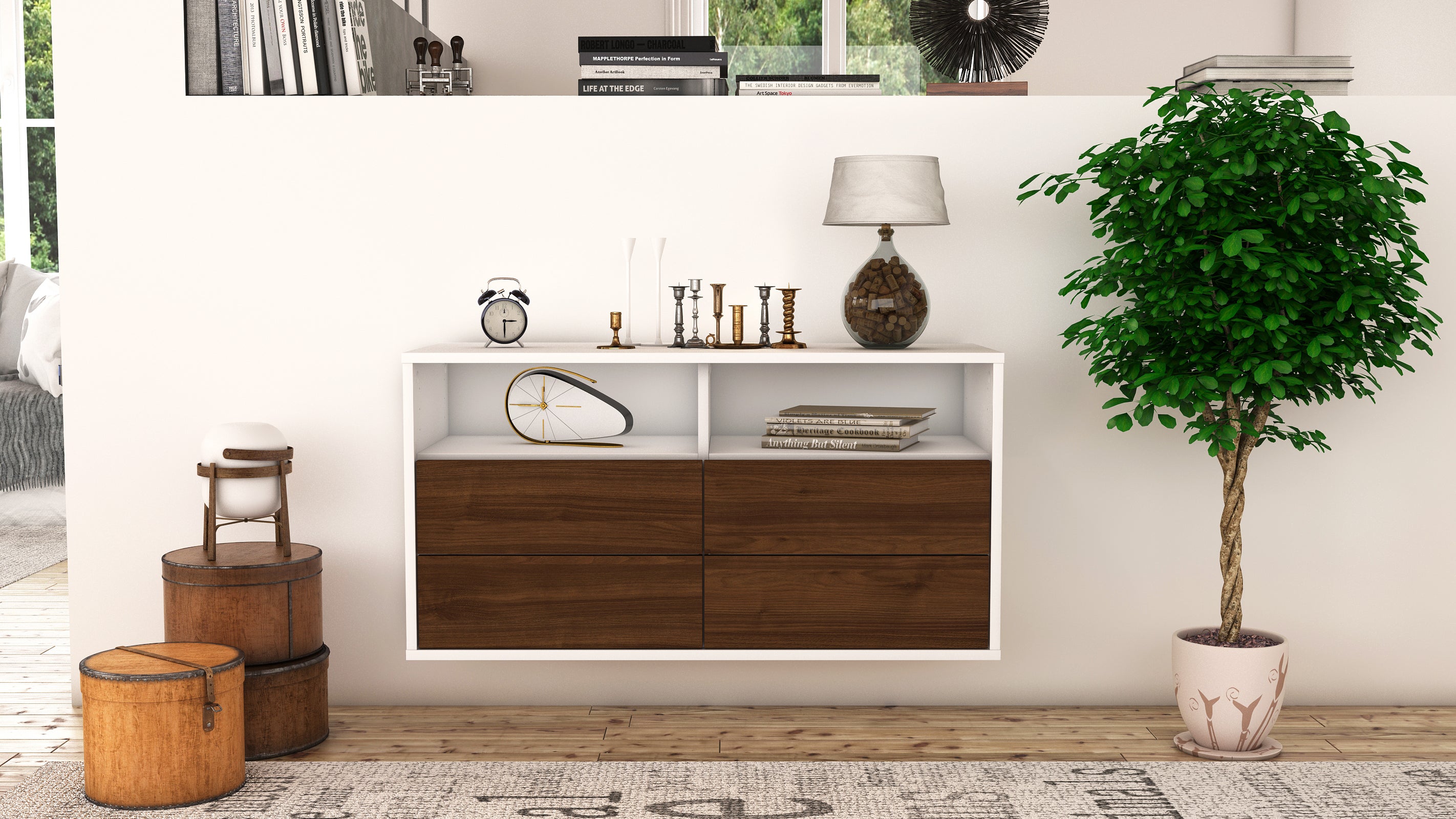 Lowboard - Alia - Design Holzdekor - Wandmontage mit Push to Open 92 cm Weiss