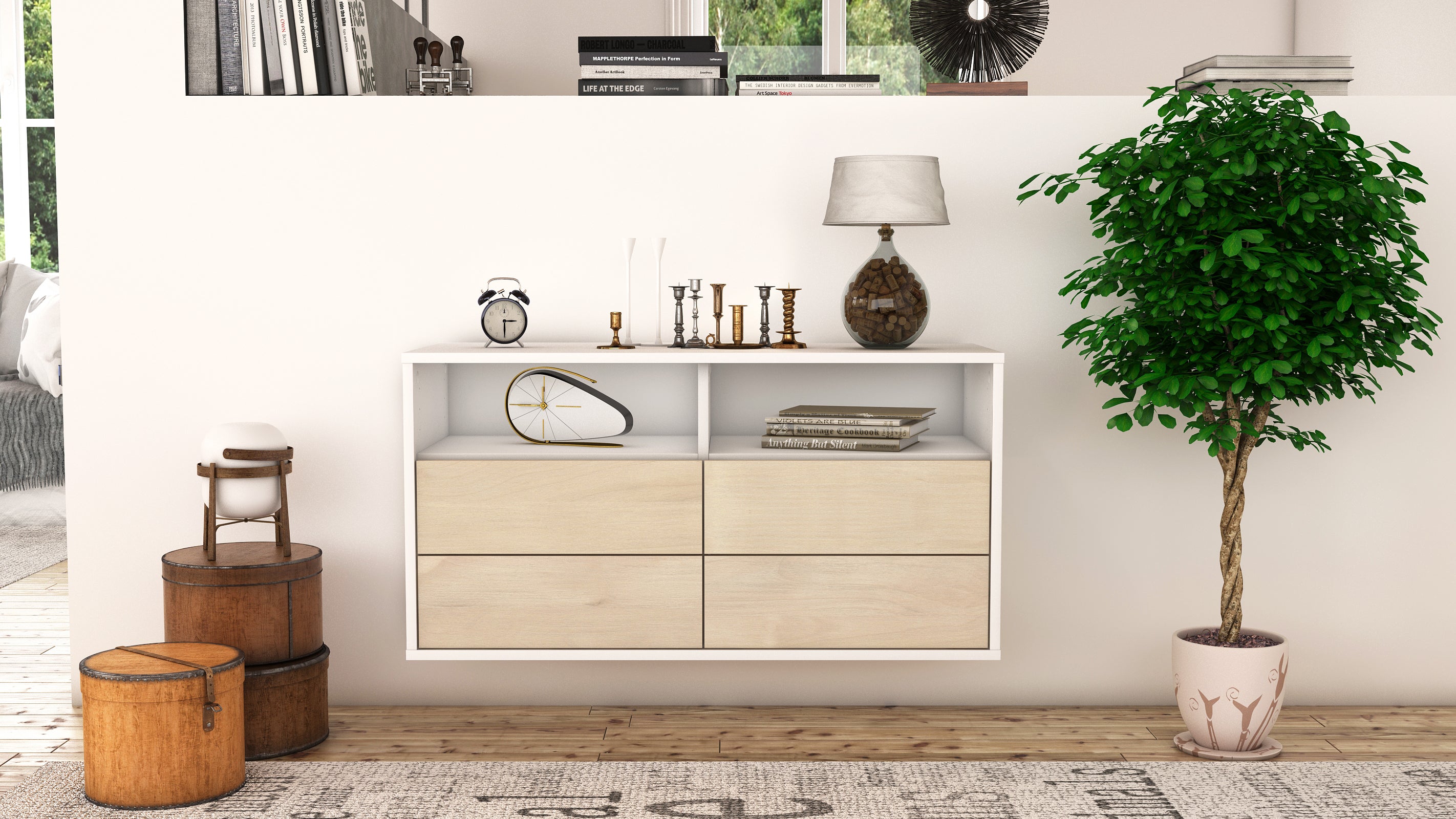 Lowboard - Alia - Design Holzdekor - Wandmontage mit Push to Open 92 cm Weiss