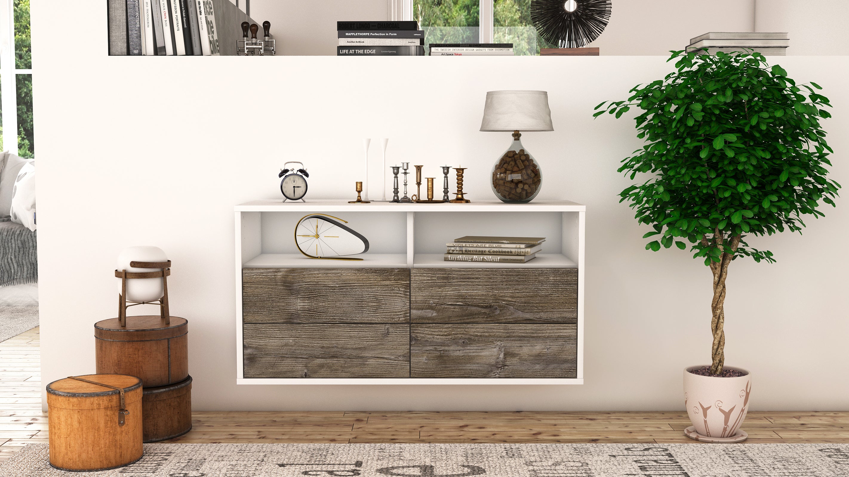Lowboard - Alia - Design Holzdekor - Wandmontage mit Push to Open 92 cm Weiss
