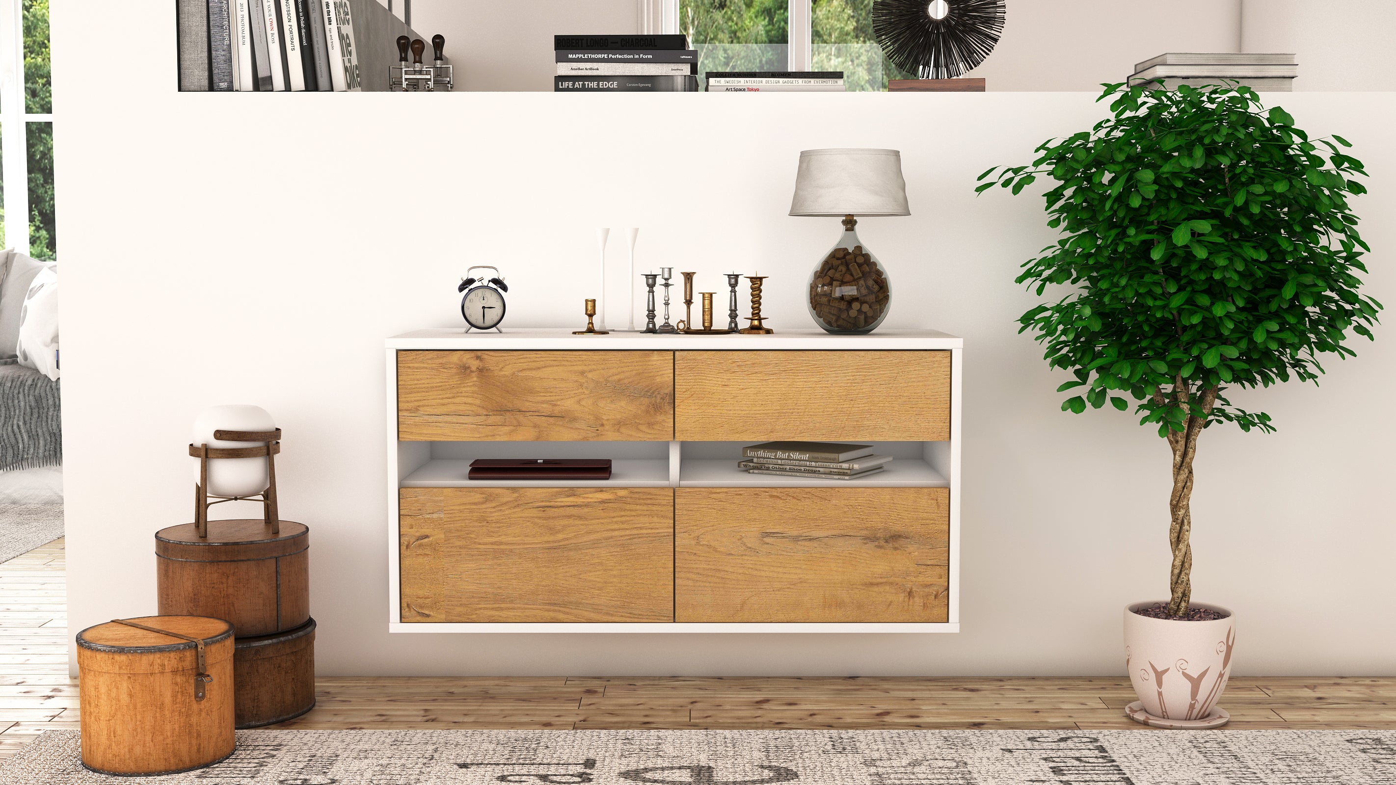 Lowboard - Alice - Design Holzdekor - Wandmontage mit Push to Open 92 cm Weiss