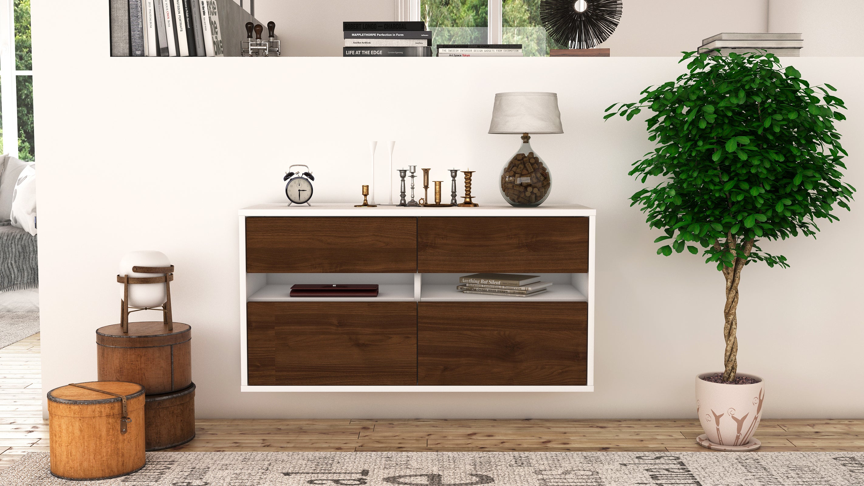 Lowboard - Alice - Design Holzdekor - Wandmontage mit Push to Open 92 cm Weiss
