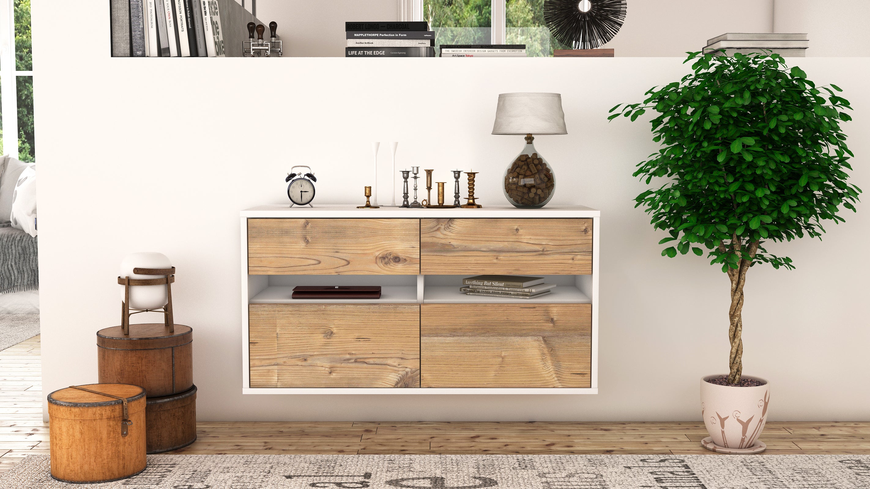 Lowboard - Alice - Design Holzdekor - Wandmontage mit Push to Open 92 cm Weiss