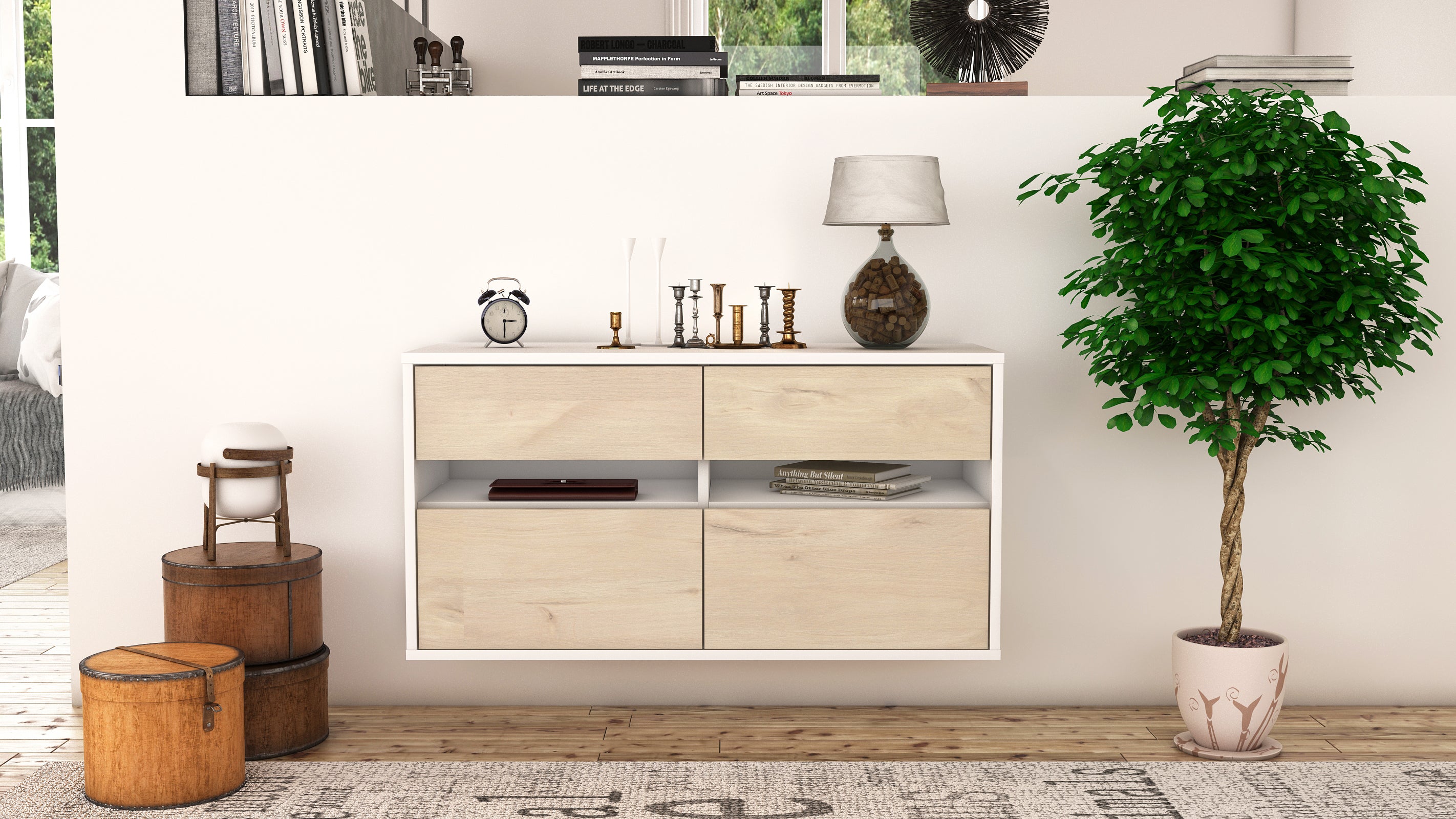 Lowboard - Alice - Design Holzdekor - Wandmontage mit Push to Open 92 cm Weiss