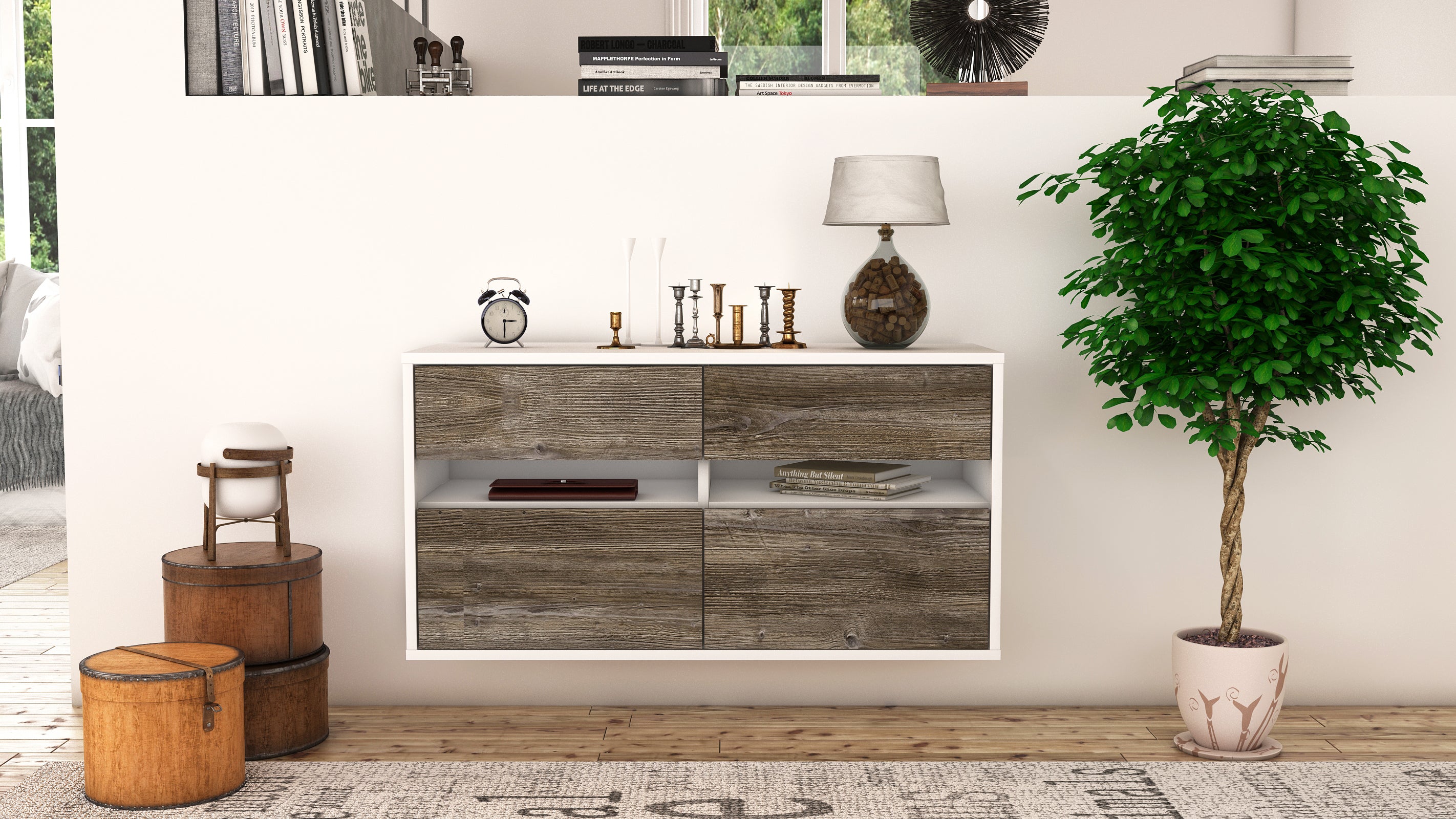 Lowboard - Alice - Design Holzdekor - Wandmontage mit Push to Open 92 cm Weiss