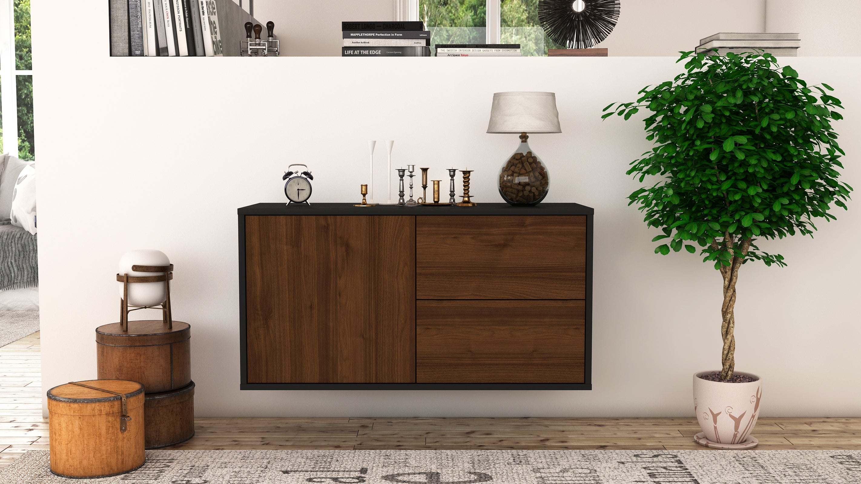 Lowboard - Adria - Design Holzdekor - Wandmontage mit Push to Open 92 cm Anthrazit