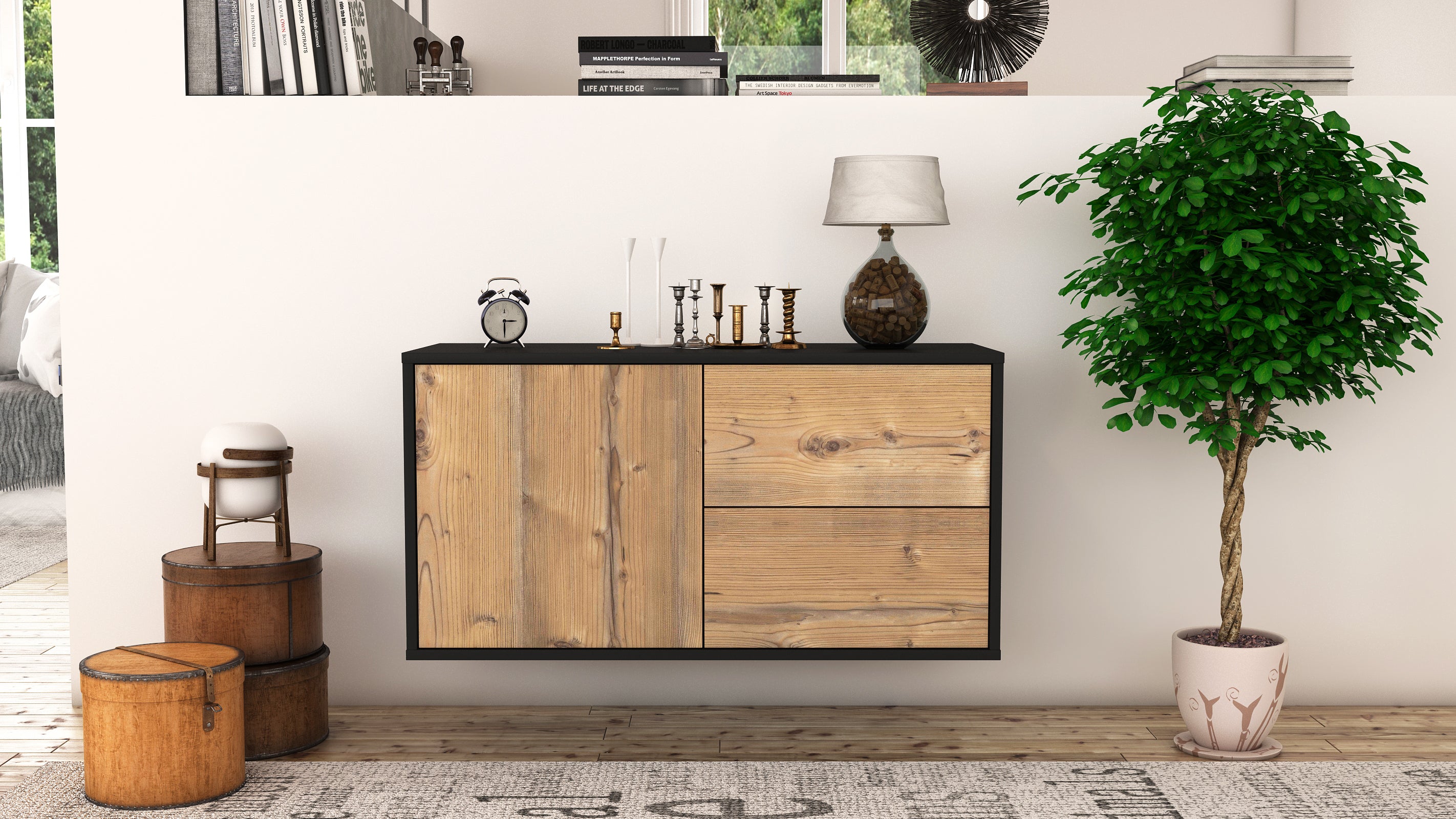 Lowboard - Adria - Design Holzdekor - Wandmontage mit Push to Open 92 cm Anthrazit
