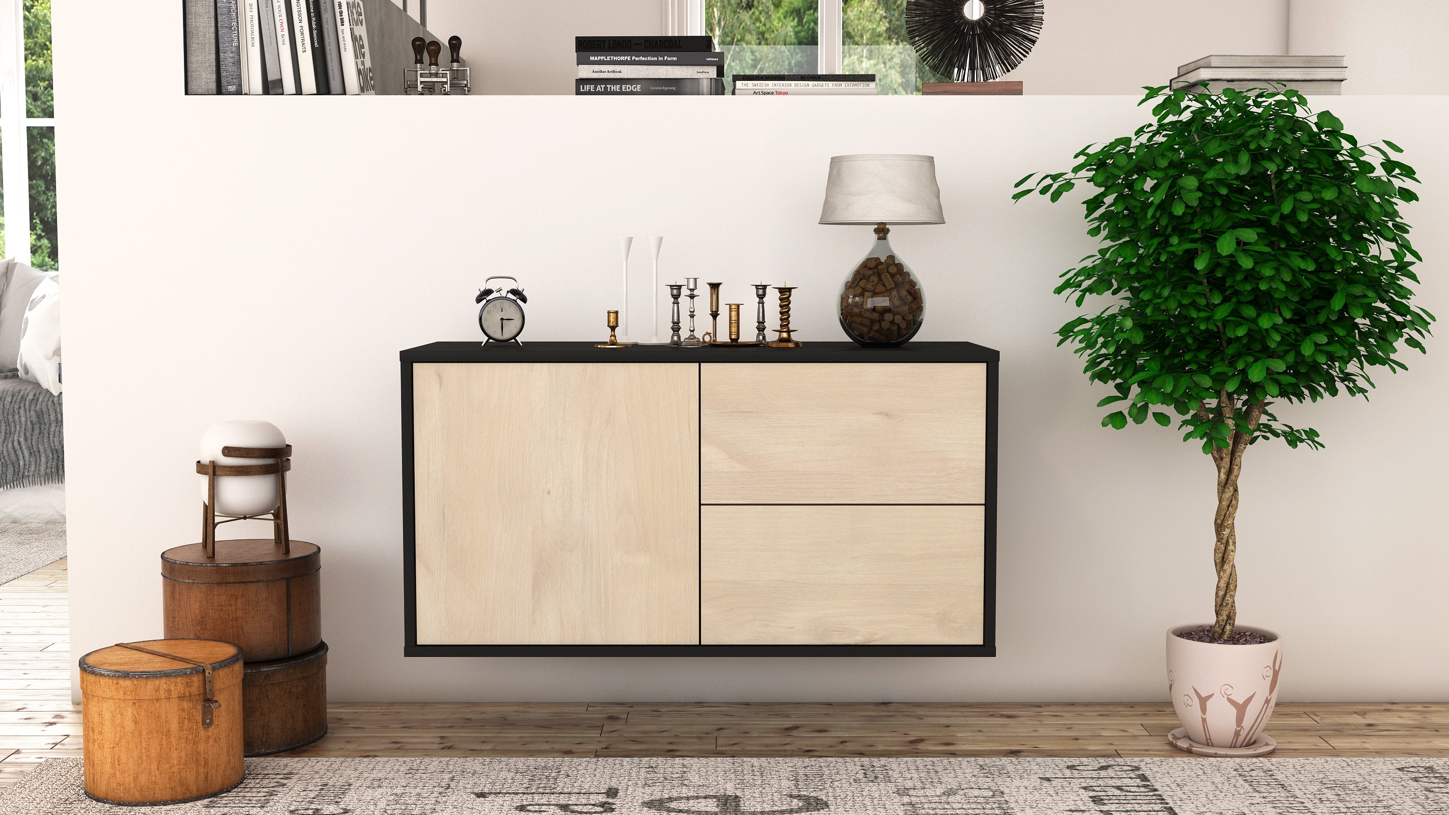 Lowboard - Adria - Design Holzdekor - Wandmontage mit Push to Open 92 cm Anthrazit
