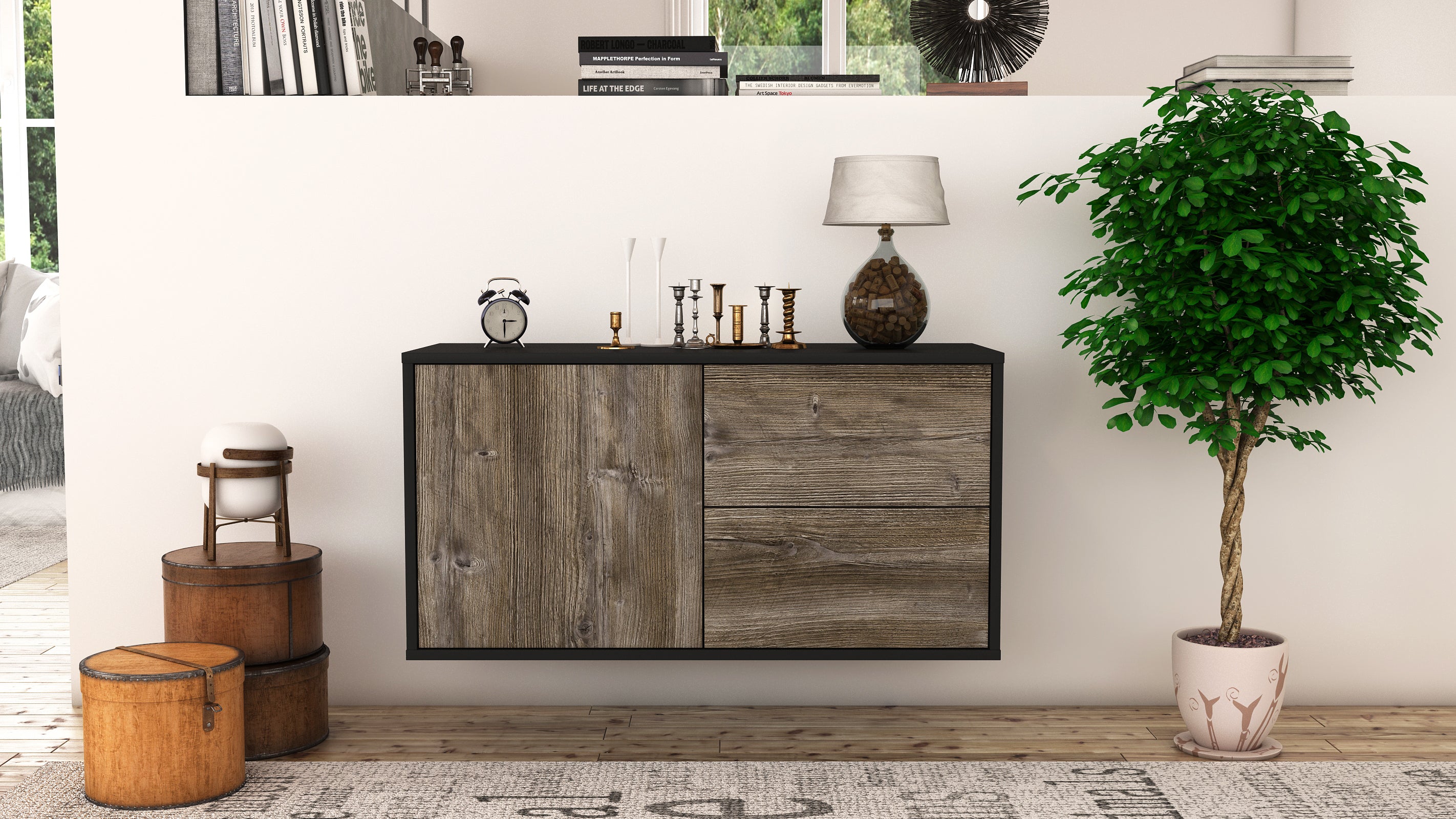 Lowboard - Adria - Design Holzdekor - Wandmontage mit Push to Open 92 cm Anthrazit