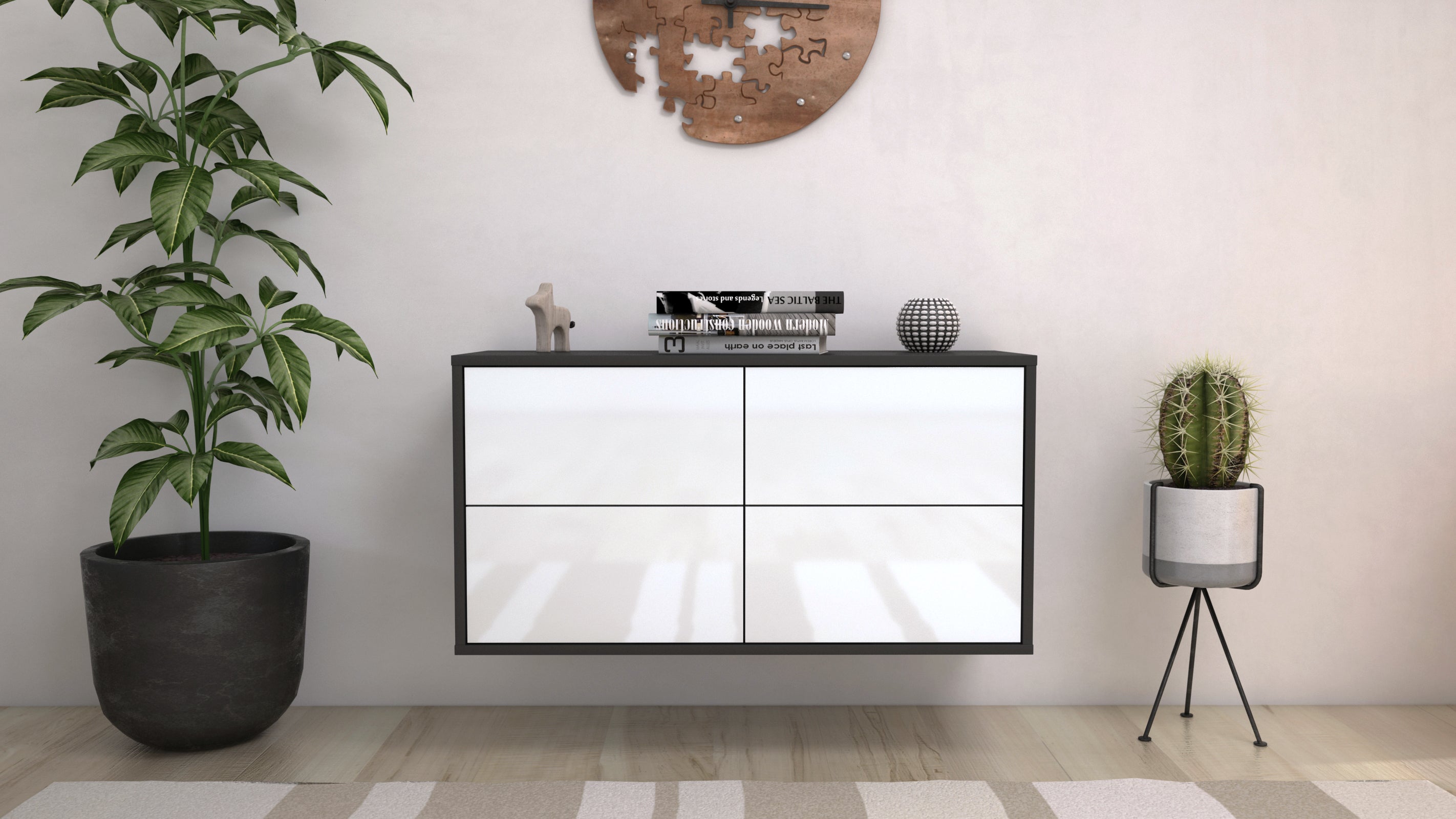 Lowboard - Aella - Design Hochglanz - Wandmontage mit Push to Open 92 cm Anthrazit