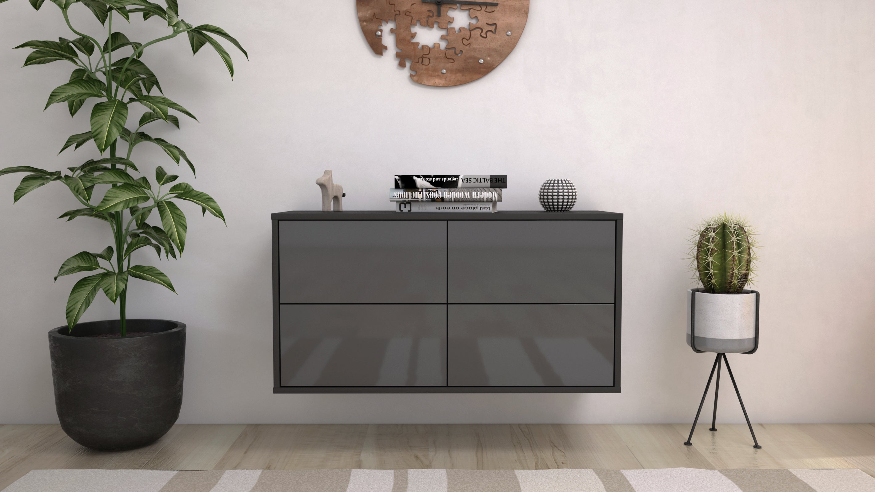 Lowboard - Aella - Design Hochglanz - Wandmontage mit Push to Open 92 cm Anthrazit
