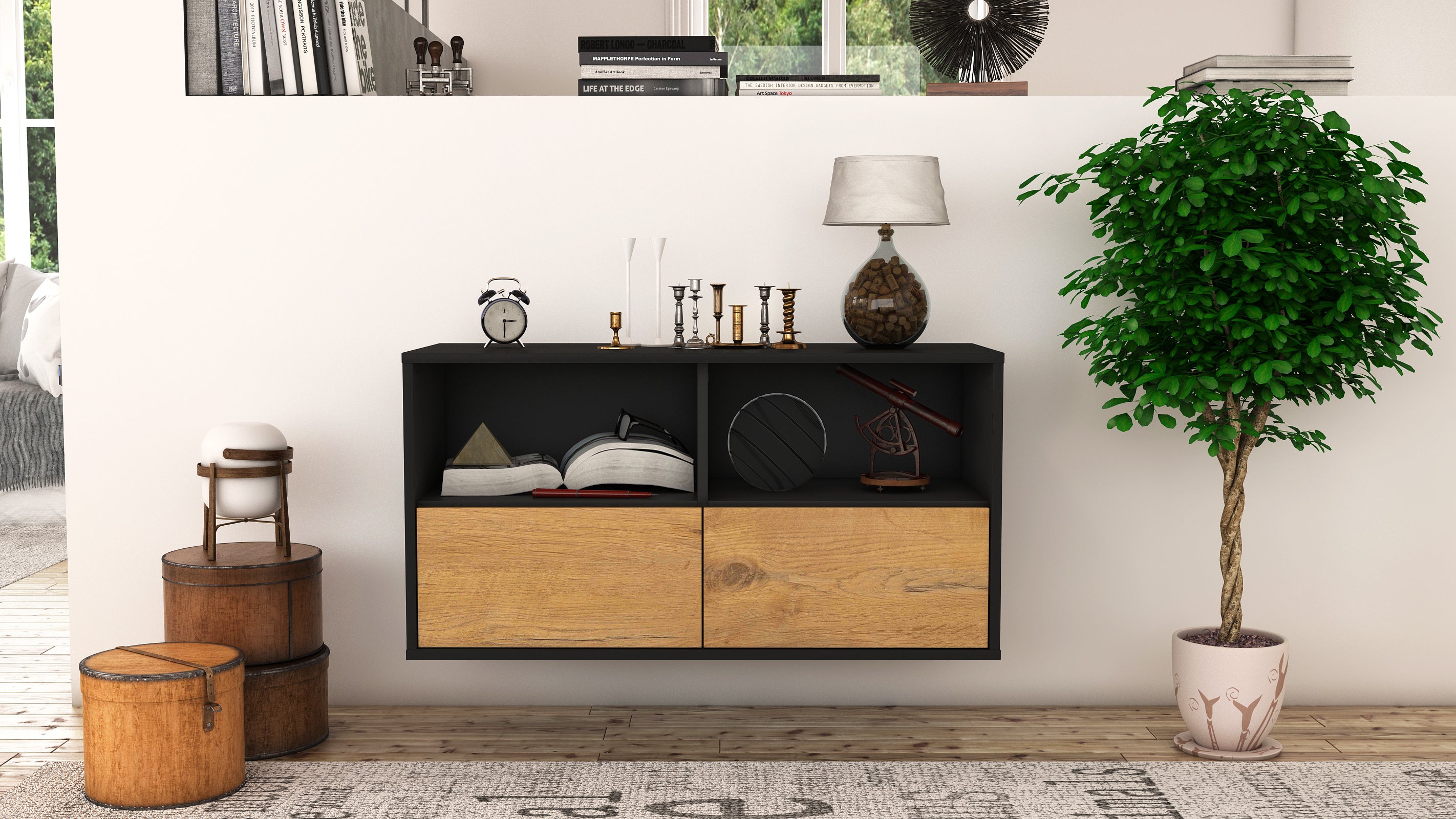 Lowboard - Aeon - Design Holzdekor - Wandmontage mit Push to Open 92 cm Anthrazit