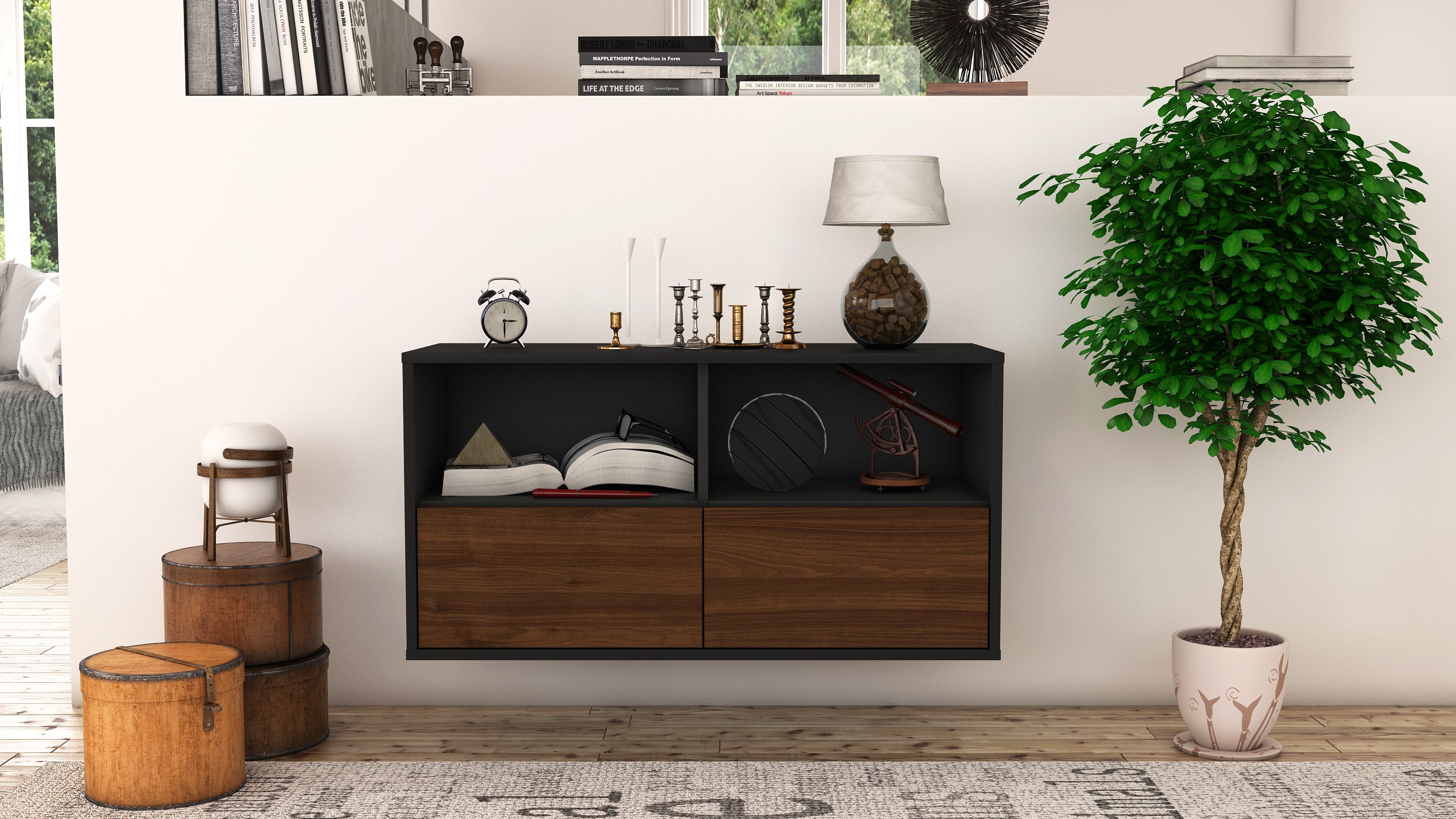 Lowboard - Aeon - Design Holzdekor - Wandmontage mit Push to Open 92 cm Anthrazit
