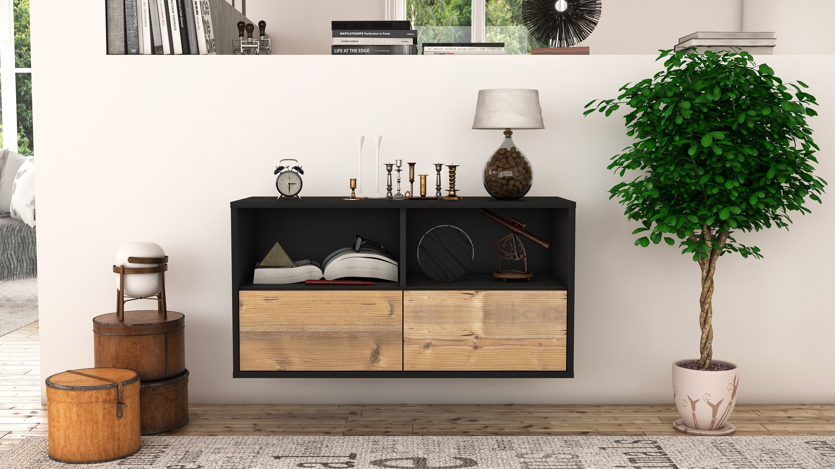 Lowboard - Aeon - Design Holzdekor - Wandmontage mit Push to Open 92 cm Anthrazit