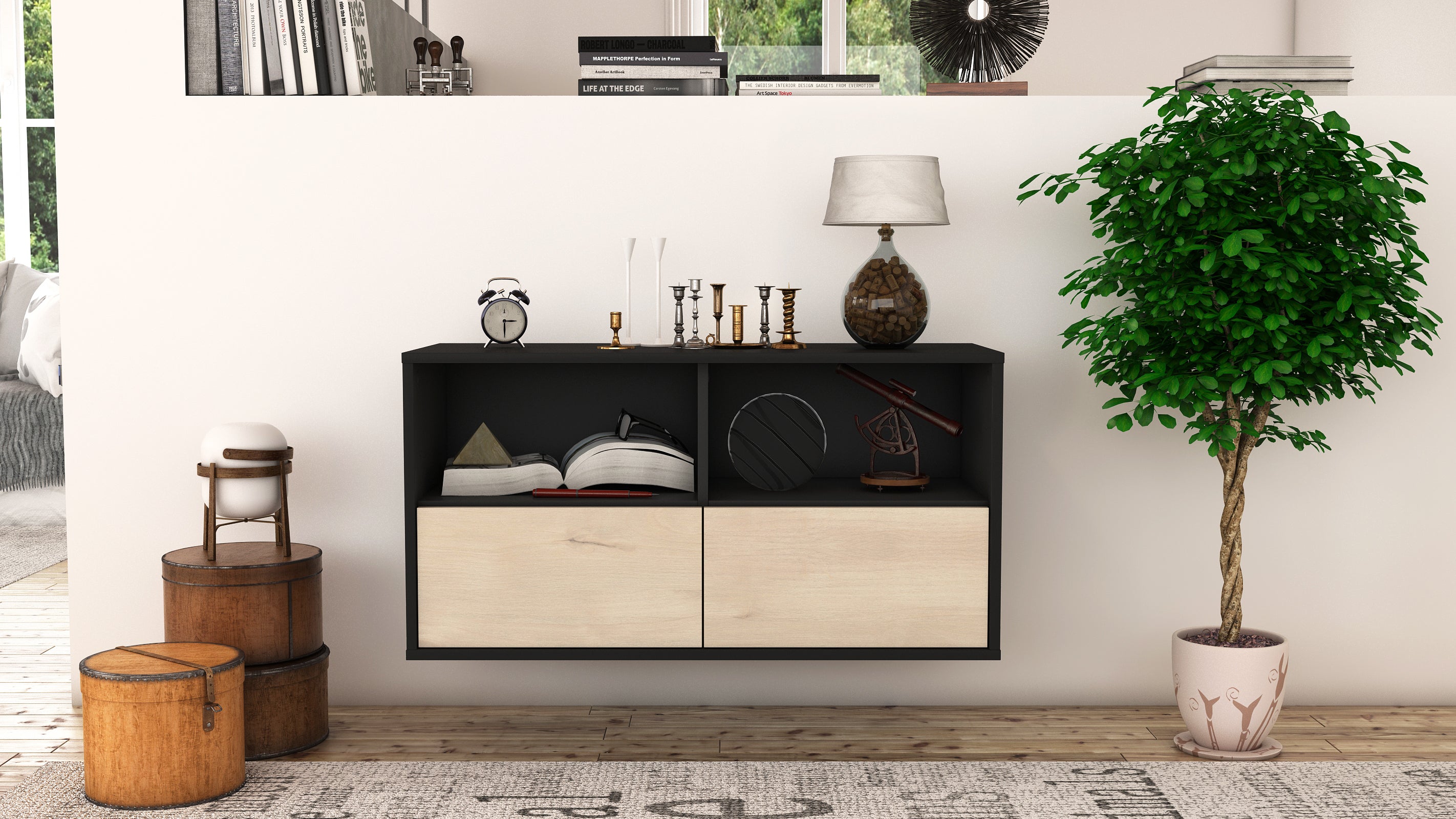 Lowboard - Aeon - Design Holzdekor - Wandmontage mit Push to Open 92 cm Anthrazit