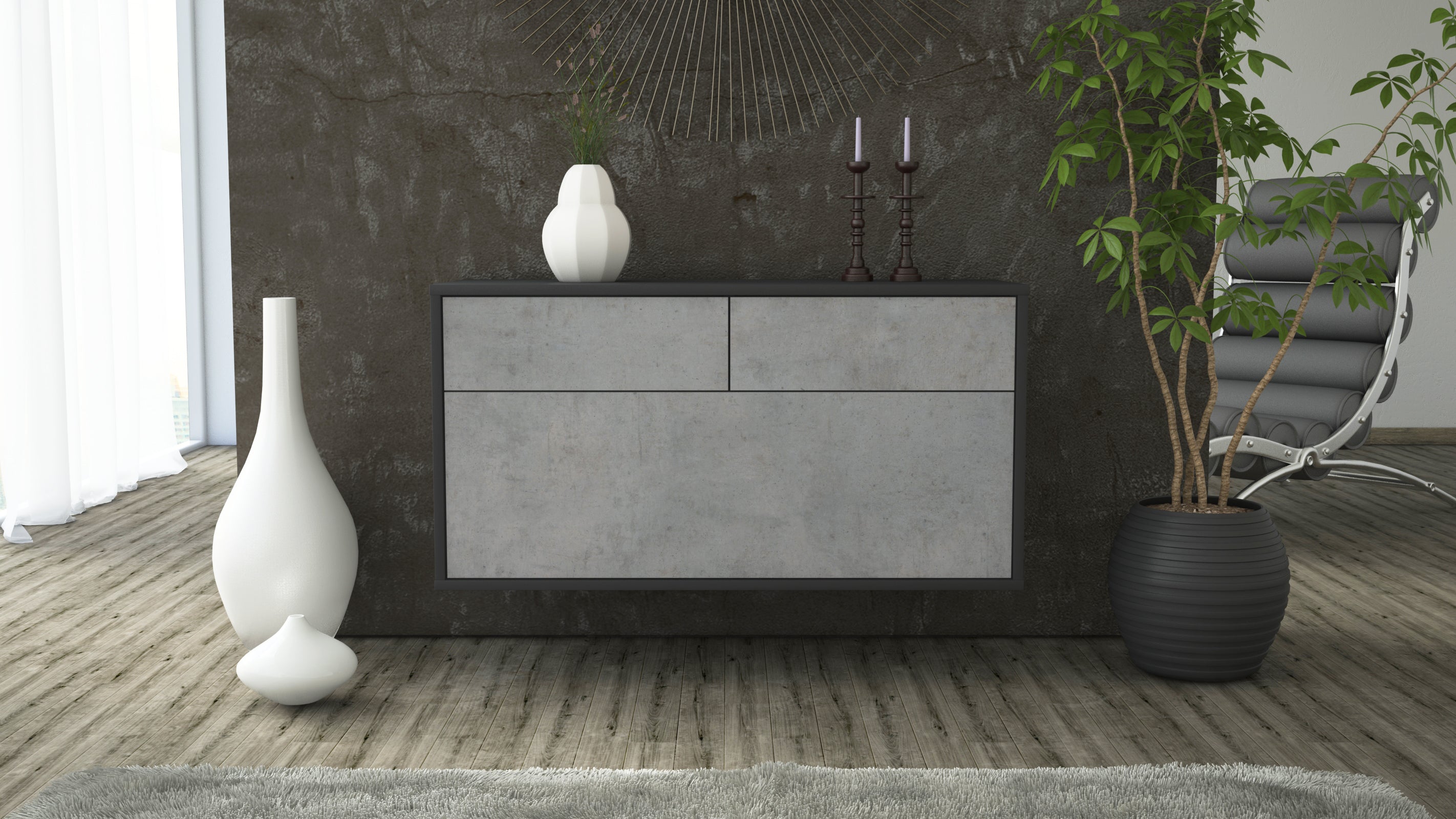 Lowboard - Agnese - Design Industrie Stil - Wandmontage mit Push to Open 92 cm Anthrazit