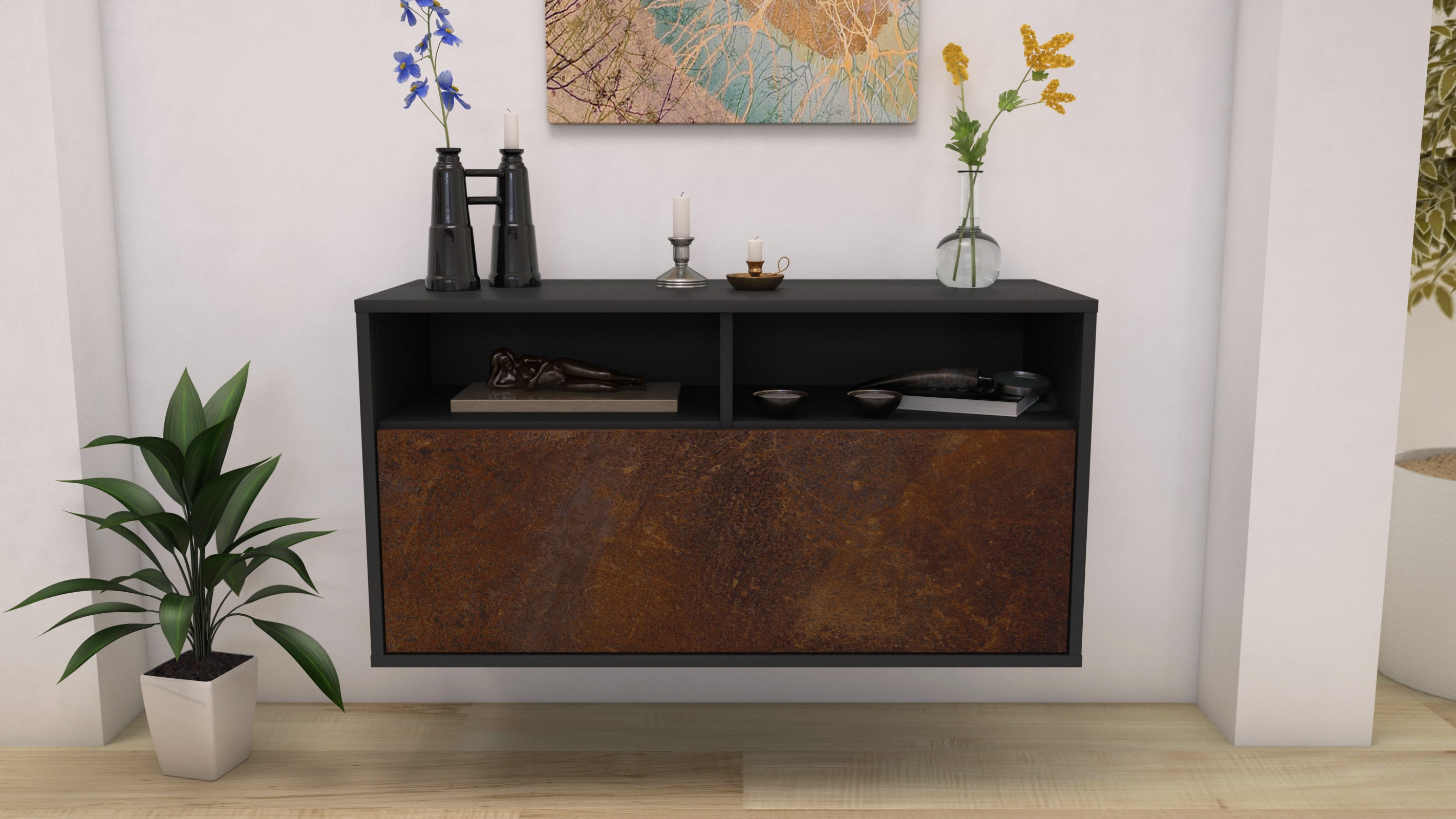 Lowboard - Agostina - Design Industrie Stil - Wandmontage mit Push to Open 92 cm Anthrazit