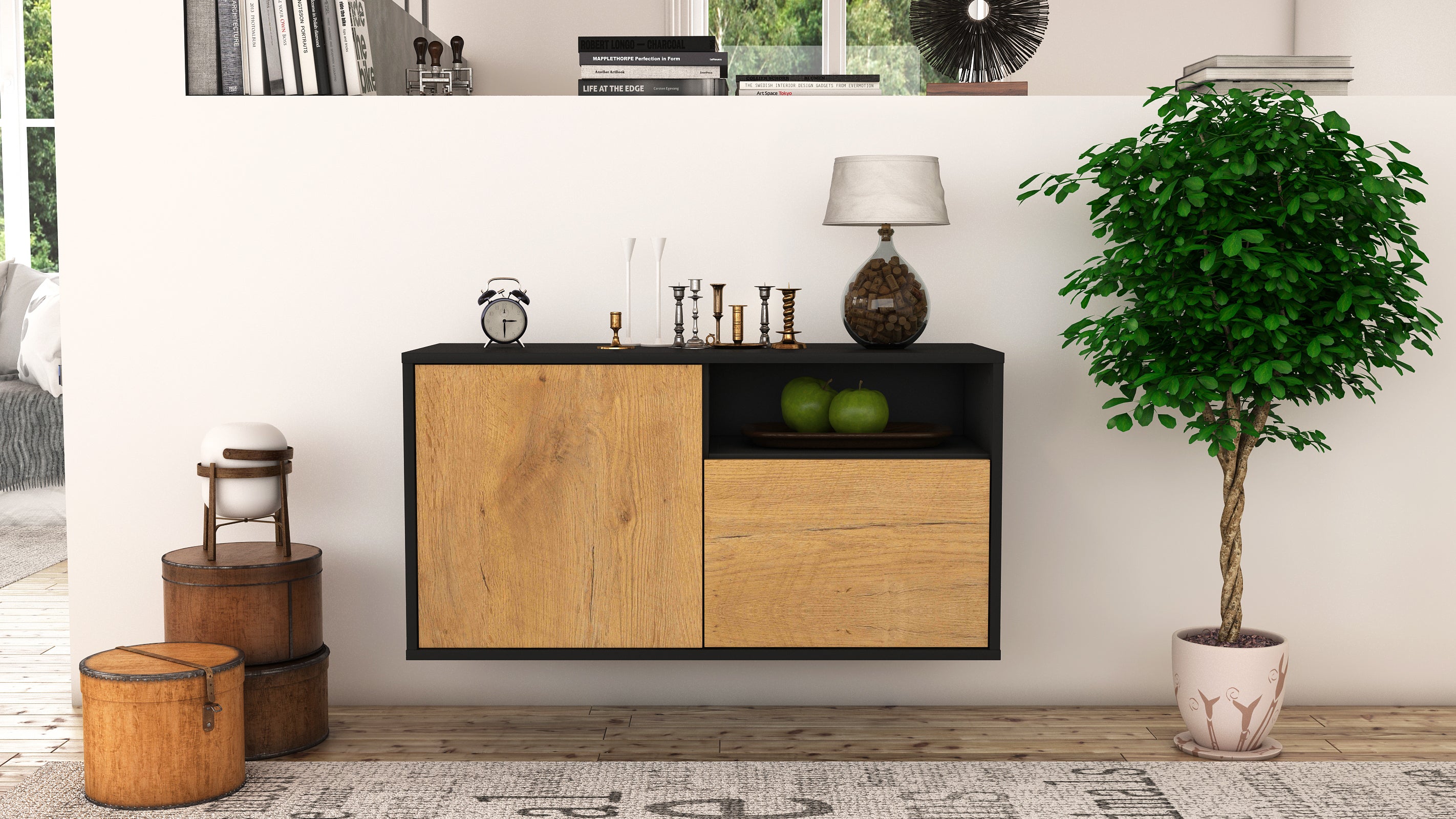Lowboard - Ajda - Design Holzdekor - Wandmontage mit Push to Open 92 cm Anthrazit