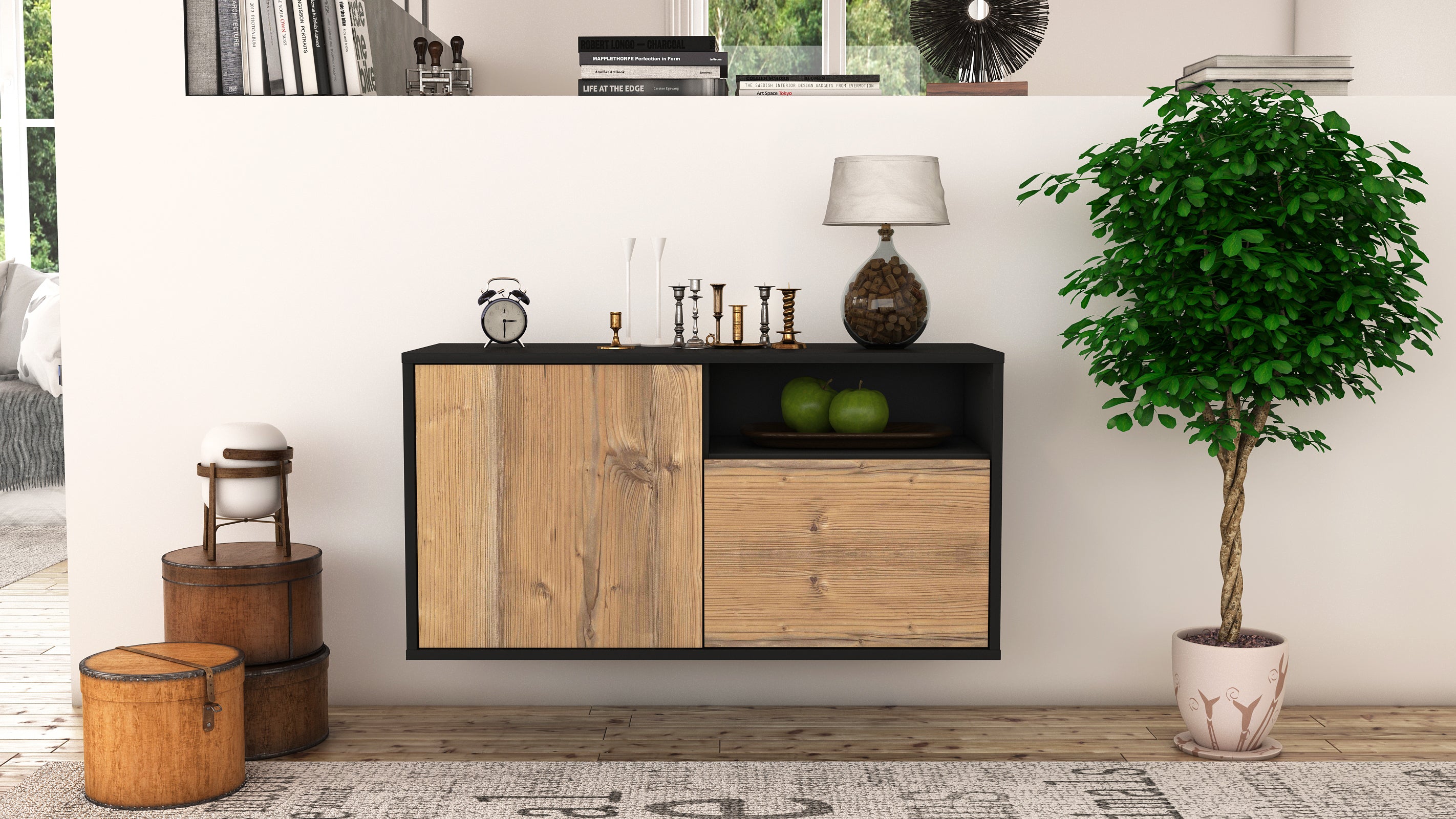 Lowboard - Ajda - Design Holzdekor - Wandmontage mit Push to Open 92 cm Anthrazit