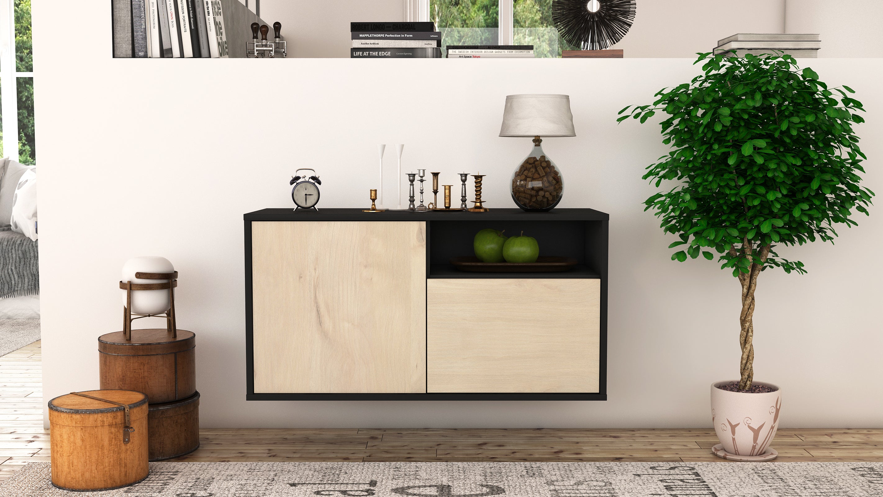 Lowboard - Ajda - Design Holzdekor - Wandmontage mit Push to Open 92 cm Anthrazit
