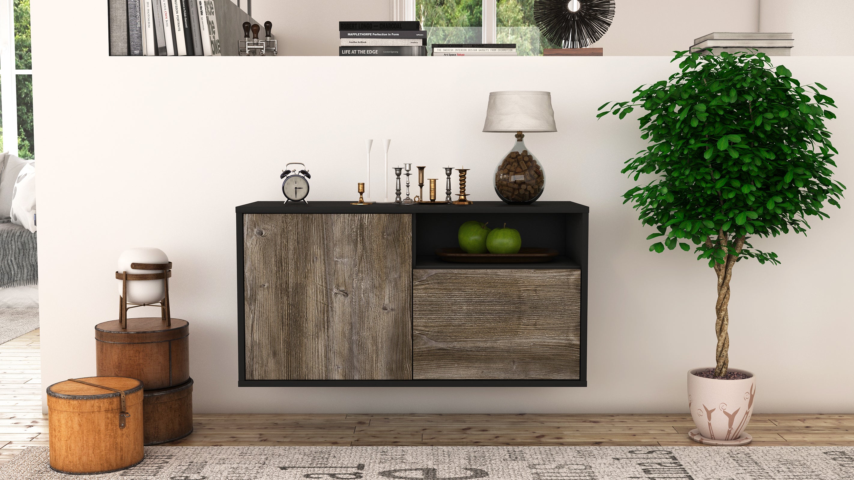 Lowboard - Ajda - Design Holzdekor - Wandmontage mit Push to Open 92 cm Anthrazit