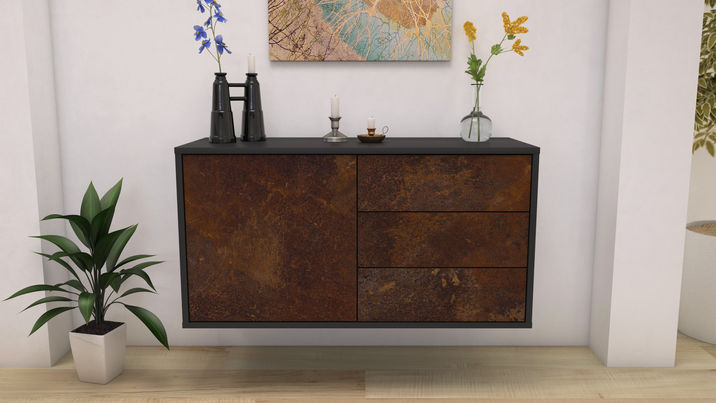 Lowboard - Alessandra - Design Industrie Stil - Wandmontage mit Push to Open 92 cm Anthrazit