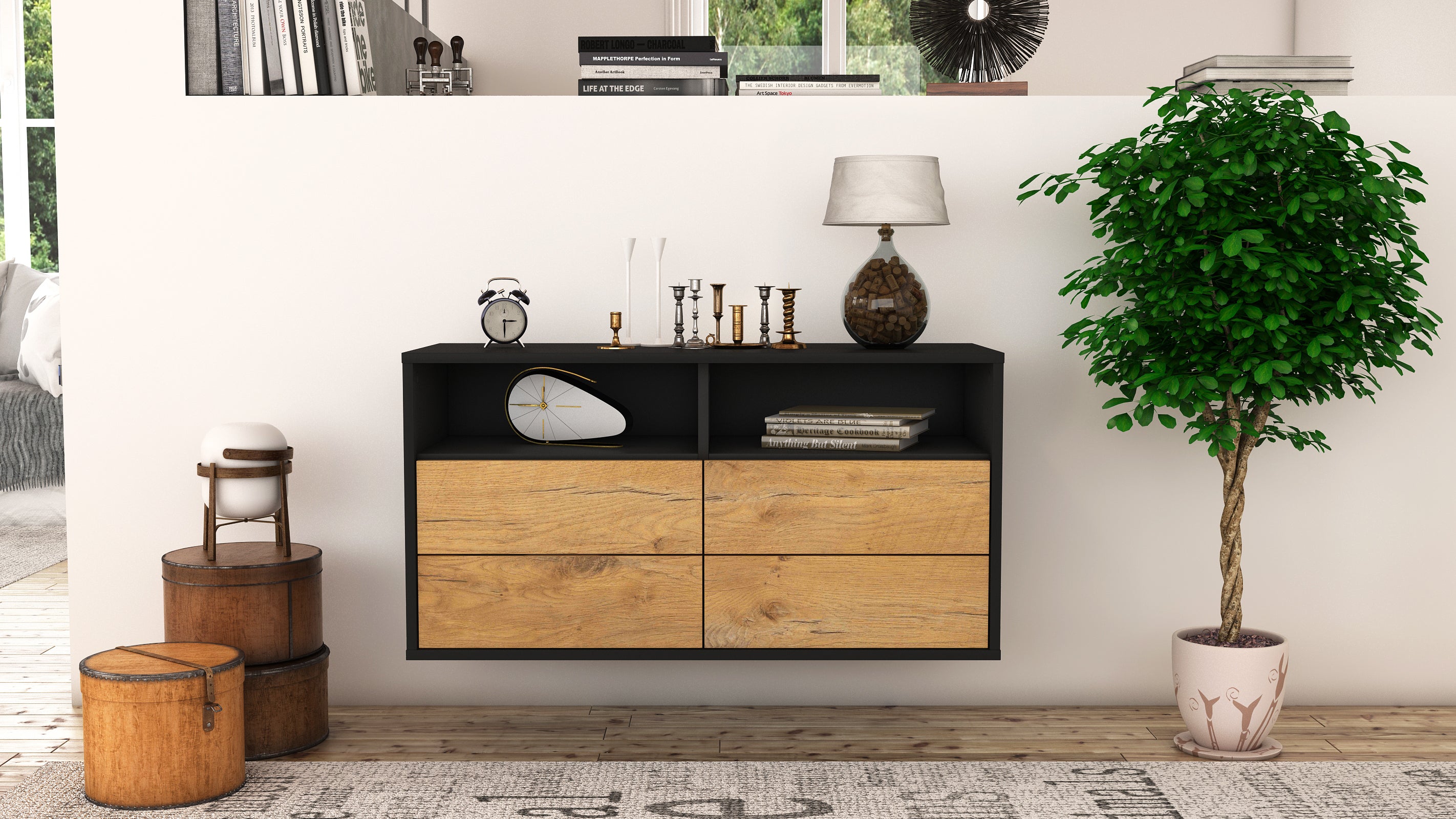 Lowboard - Alia - Design Holzdekor - Wandmontage mit Push to Open 92 cm Anthrazit