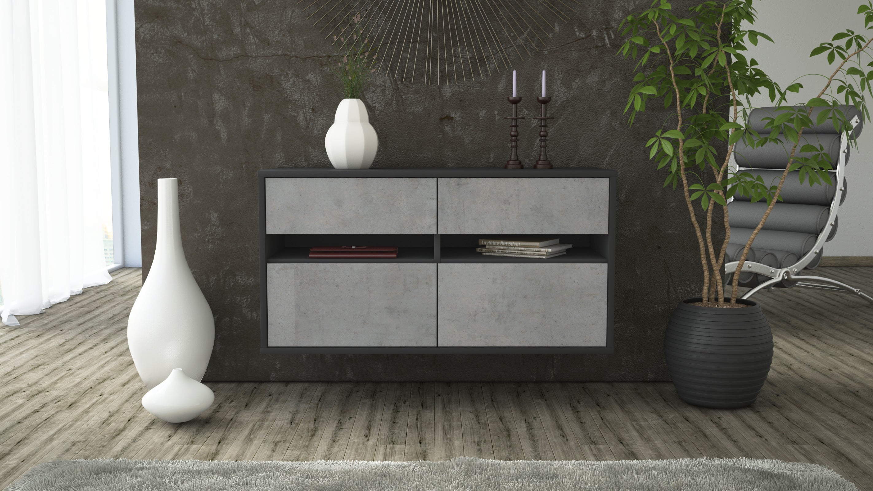 Lowboard - Alice - Design Industrie Stil - Wandmontage mit Push to Open 92 cm Anthrazit