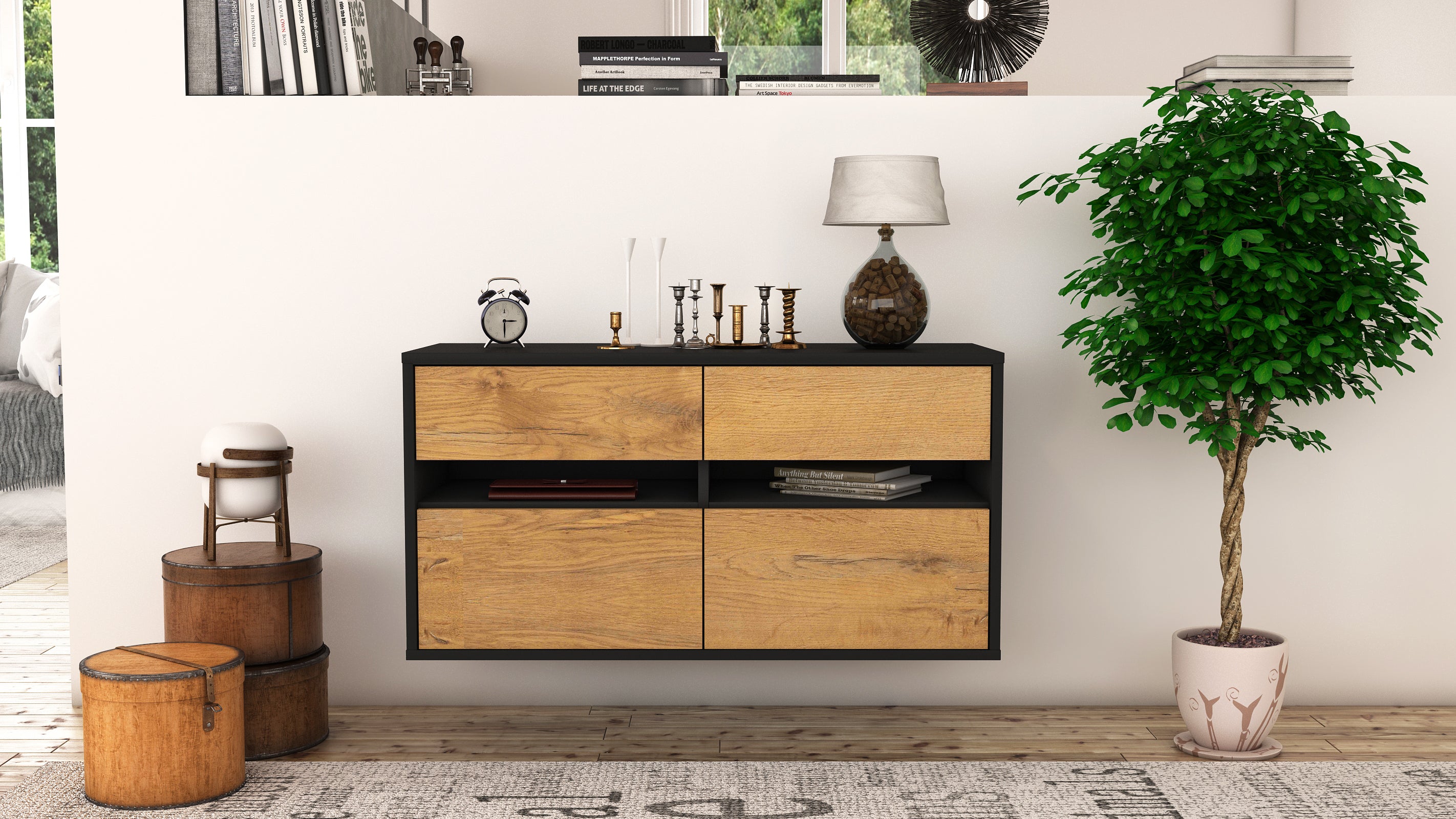 Lowboard - Alice - Design Holzdekor - Wandmontage mit Push to Open 92 cm Anthrazit