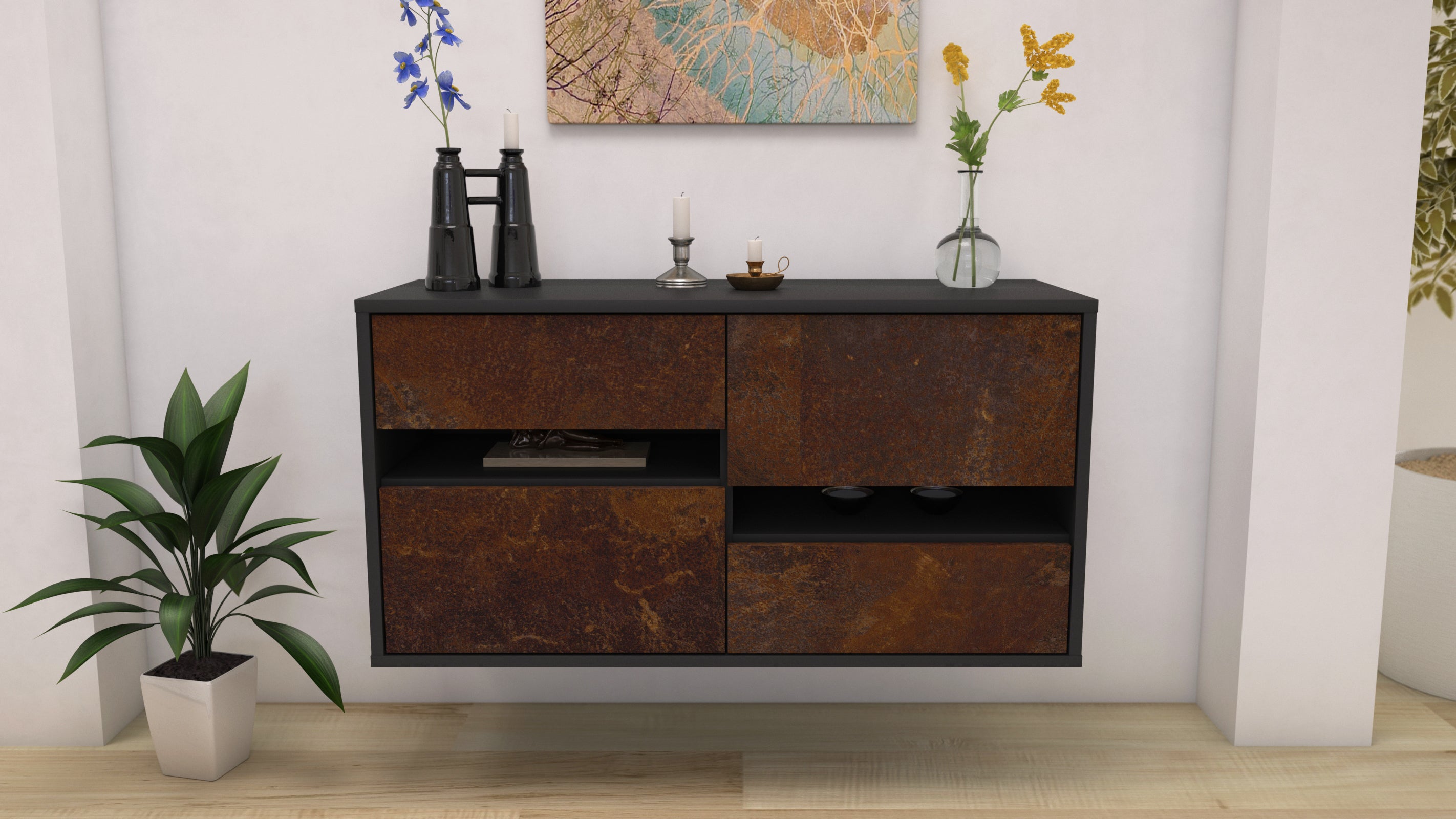 Lowboard - Alina - Design Industrie Stil - Wandmontage mit Push to Open 92 cm Anthrazit