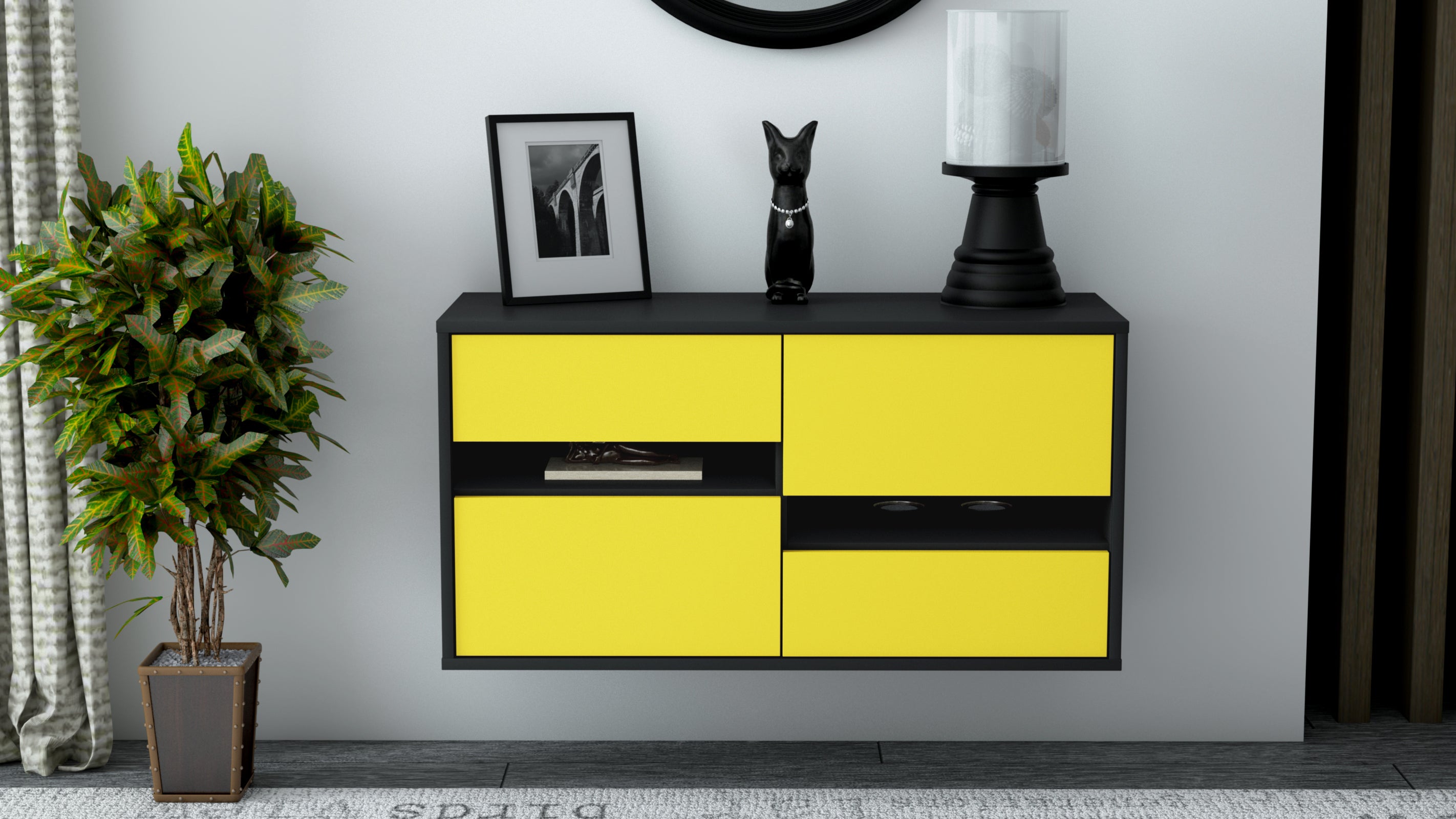 Lowboard - Alina - Design Farbakzent - Wandmontage mit Push to Open 92 cm Anthrazit