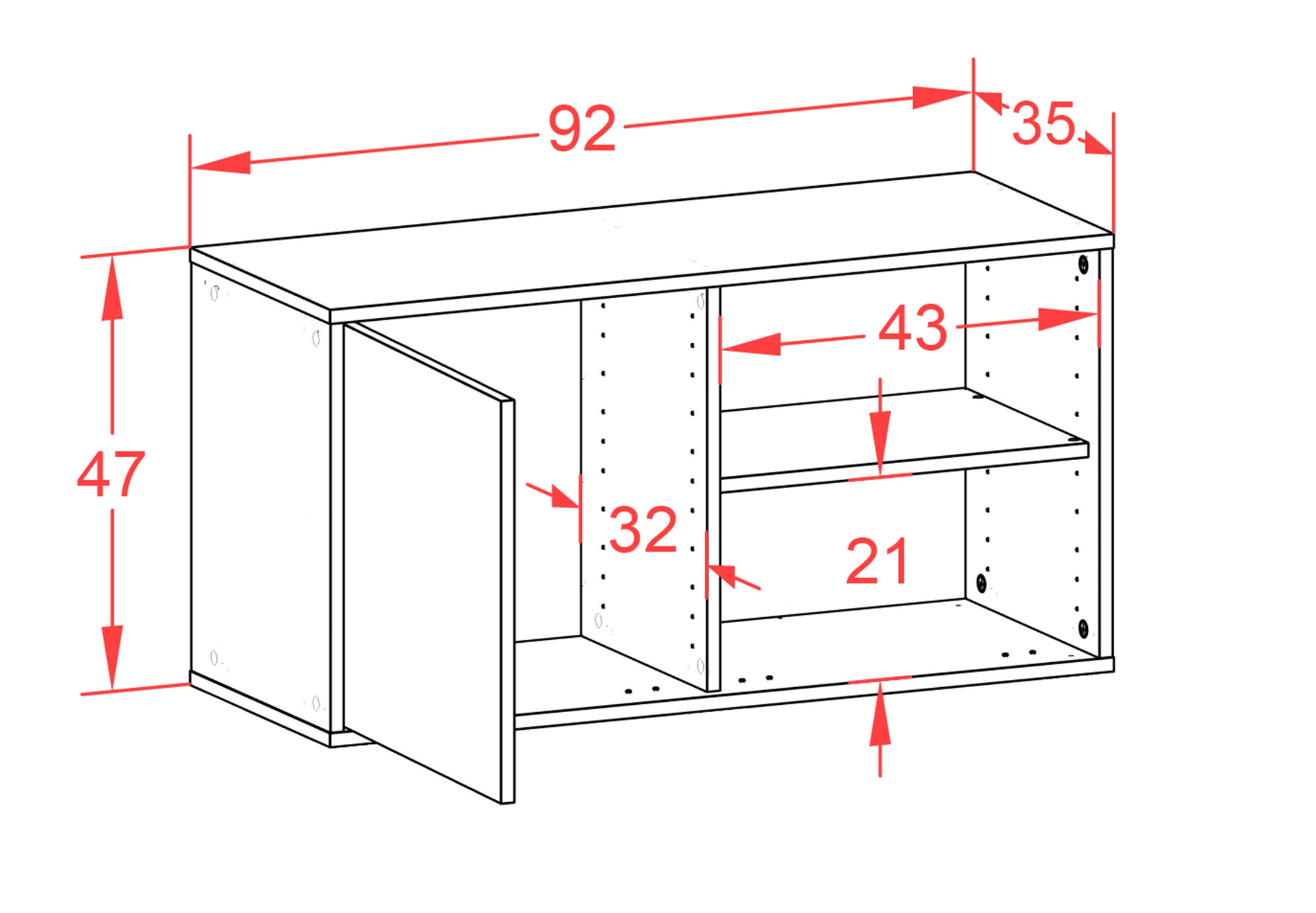 Lowboard - Adelia - Design Farbakzent - Wandmontage mit Push to Open 92 cm Weiss