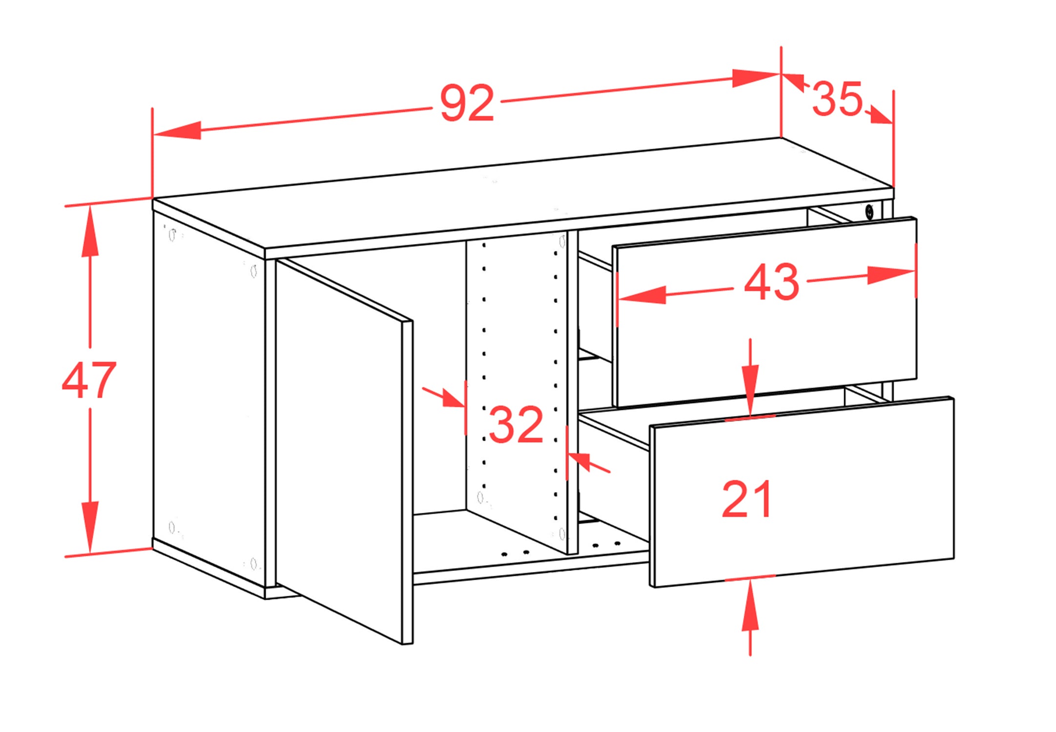Lowboard - Adria - Design Holzdekor - Wandmontage mit Push to Open 92 cm Weiss