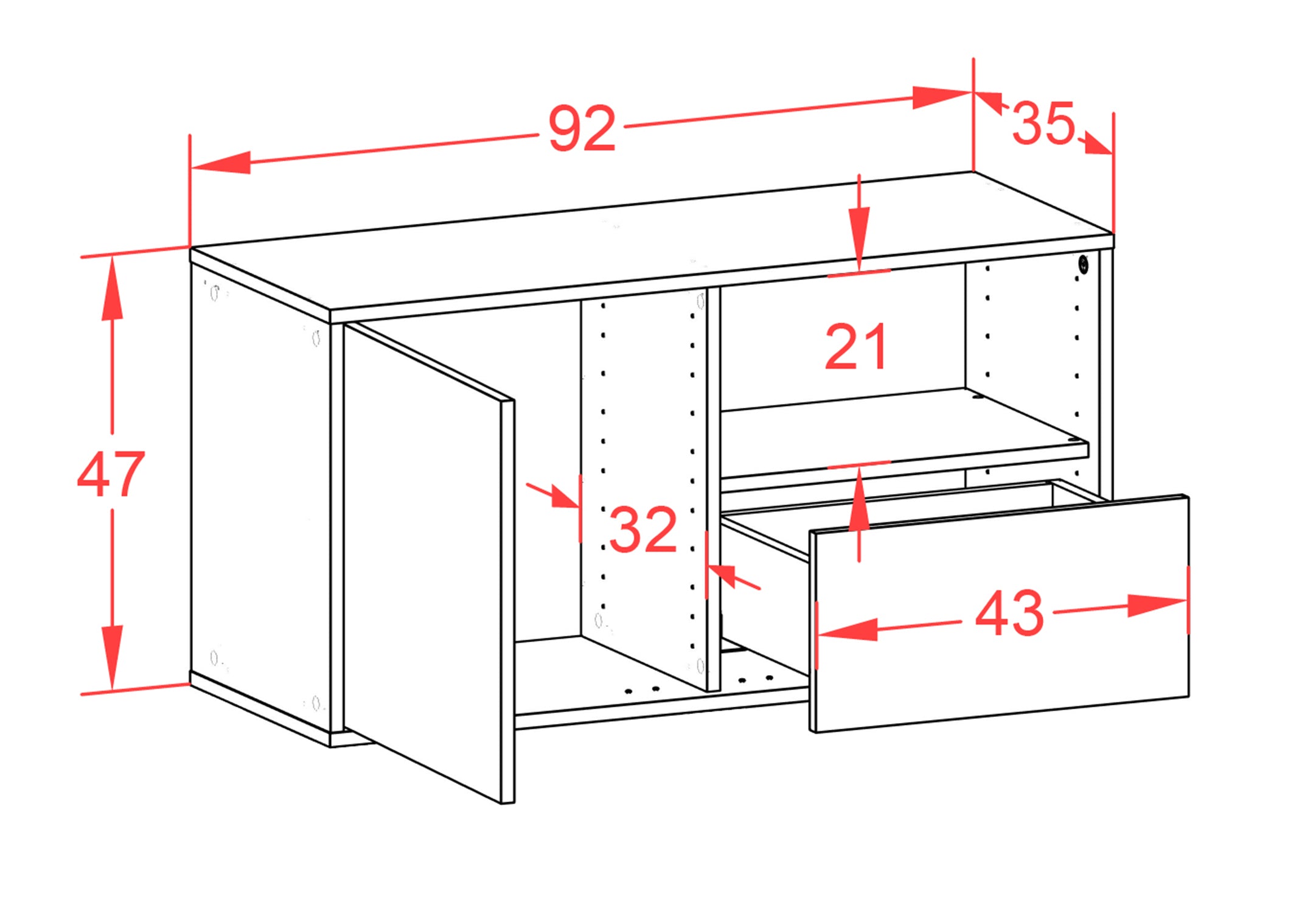Lowboard - Adriana - Design Industrie Stil - Wandmontage mit Push to Open 92 cm Weiss