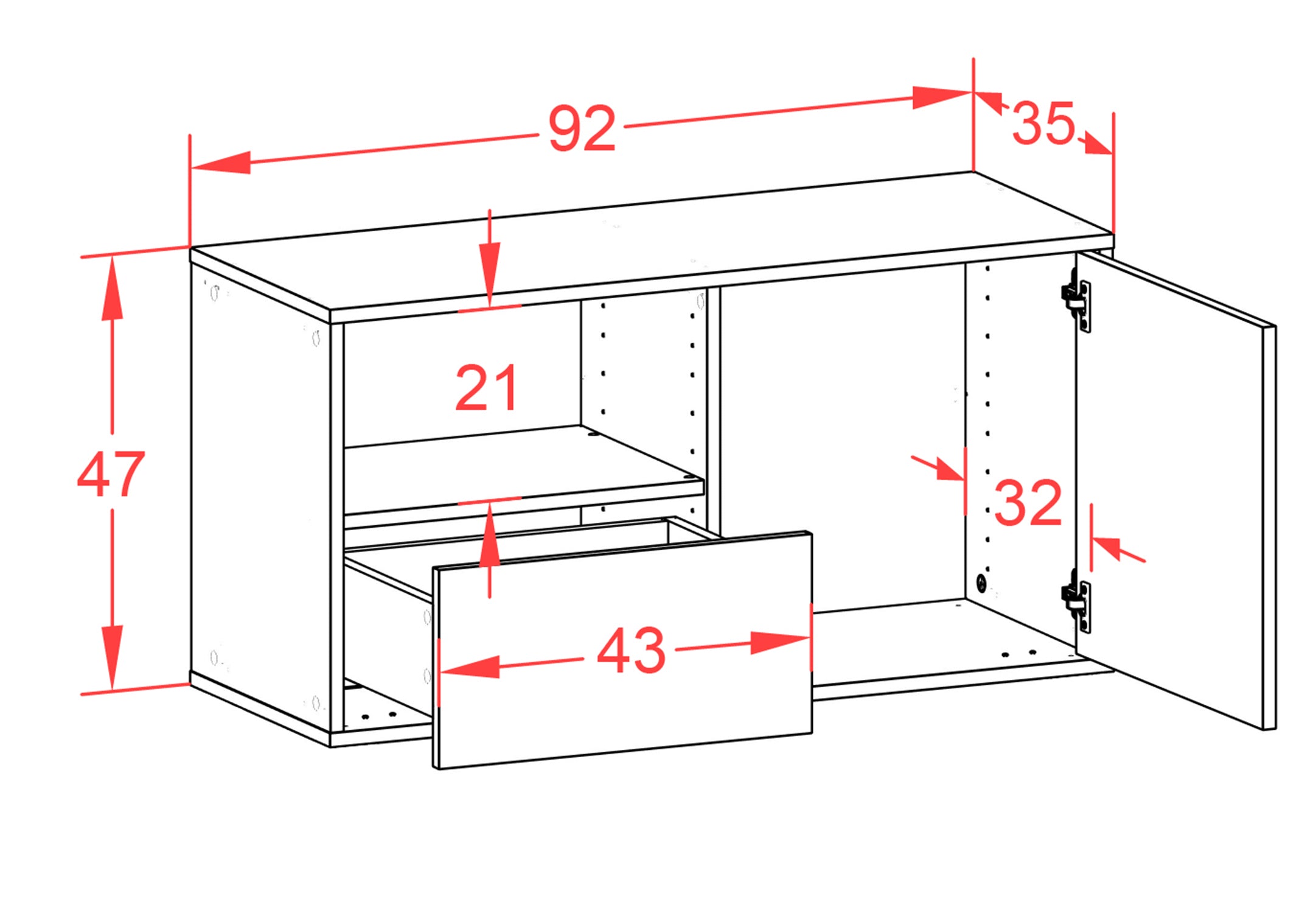 Lowboard - Adrina - Design Hochglanz - Wandmontage mit Push to Open 92 cm Anthrazit