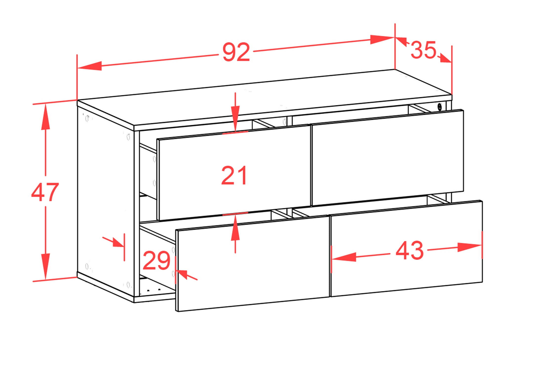 Lowboard - Aella - Design Industrie Stil - Wandmontage mit Push to Open 92 cm Weiss